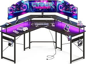 ODK L Shaped Gaming Desk with LED Lights & Power Outlets, 51