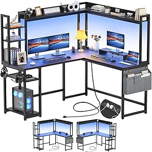 Aheaplus L Shaped Gaming Desk, Reversible L Shaped Desk with Power Outlet and Led Lights, Gaming Desks Corner Computer Desks with Hutch, Monitor Stand and Storage Bag for Home Office, Black - Aheaplus