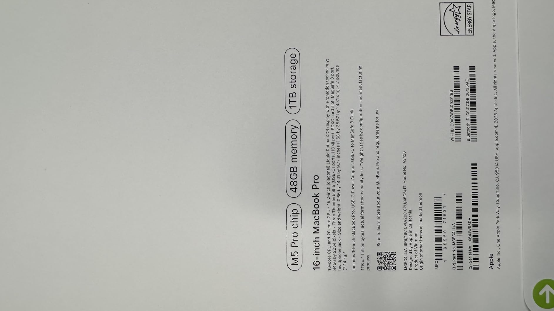 2026 MacBook Pro Laptop with Apple M5 Pro chip with 18-core CPU and 20-core GPU: Built for AI, 16.2-inch Liquid Retina XDR Display, 48GB Unified Memory, 1TB SSD, Wi-Fi 7; Space Black customer photo 1