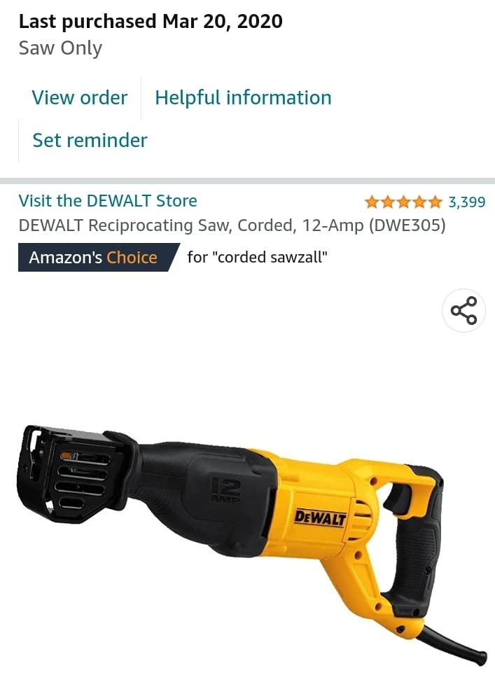 DEWALT Reciprocating Saw, 12 Amp, 2,900 RPM, 4-Position Blade Clamp, Variable Speed Trigger, Corded (DWE305) customer photo 2