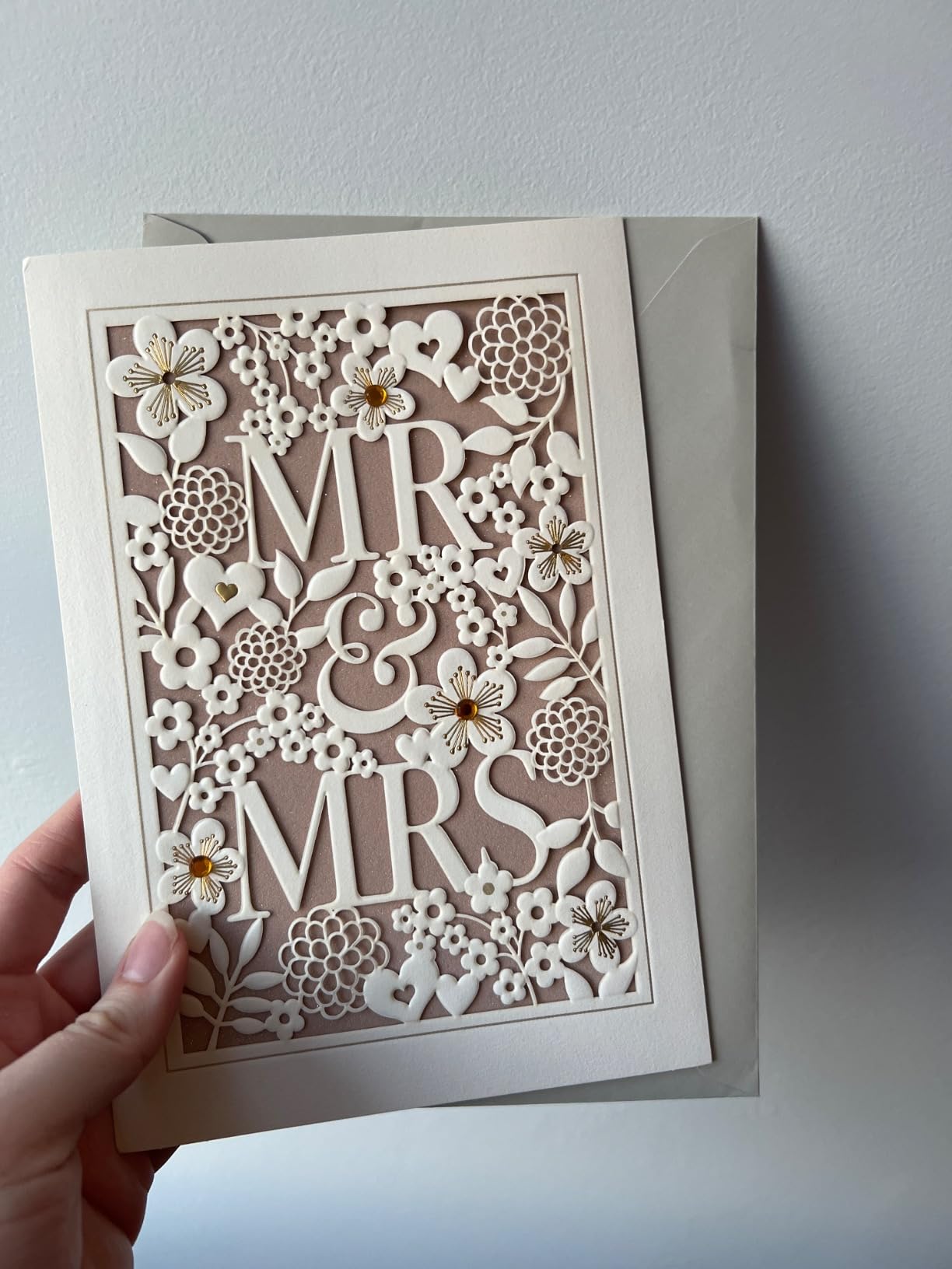 Hallmark Wedding Card (Mr. & Mrs.) | Die-cut Floral and Heart Pattern, Glittery Gold Backdrop, Envelope Included, High Quality Paper, Card Measures 5.8