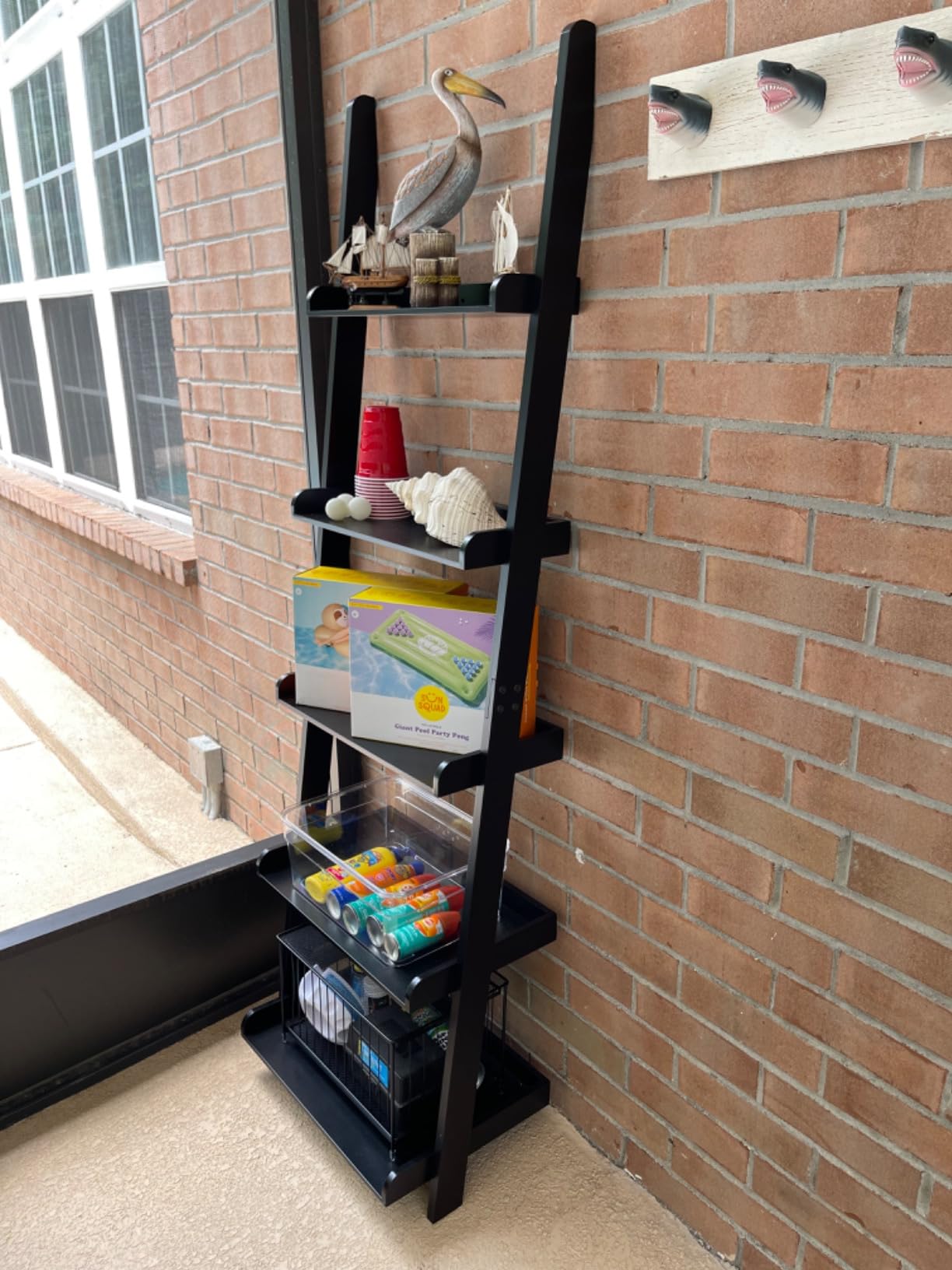 Modern 5 Tier Leaning Wall Ladder Bookshelf, Black, 70 Inches, Storage Rack Organizer customer photo 1