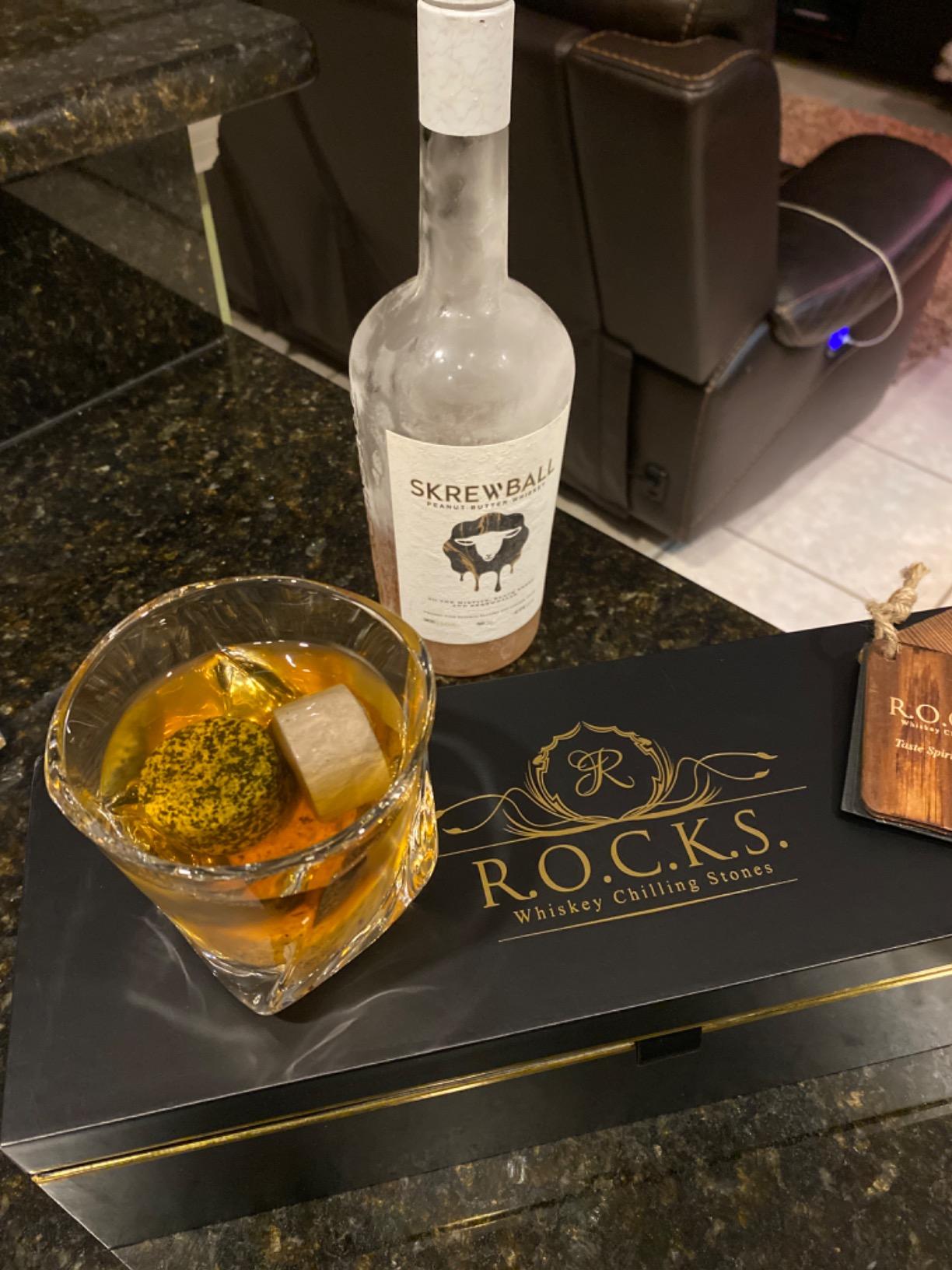 Whiskey Chilling Stones Gift Set - 6 Handcrafted Premium Granite Round Sipping Rocks - 2 Crystal Superior Glasses - Hardwood Presentation & Storage Tray - Elegant Gold Foil Gift Box by R.O.C.K.S. customer photo 1