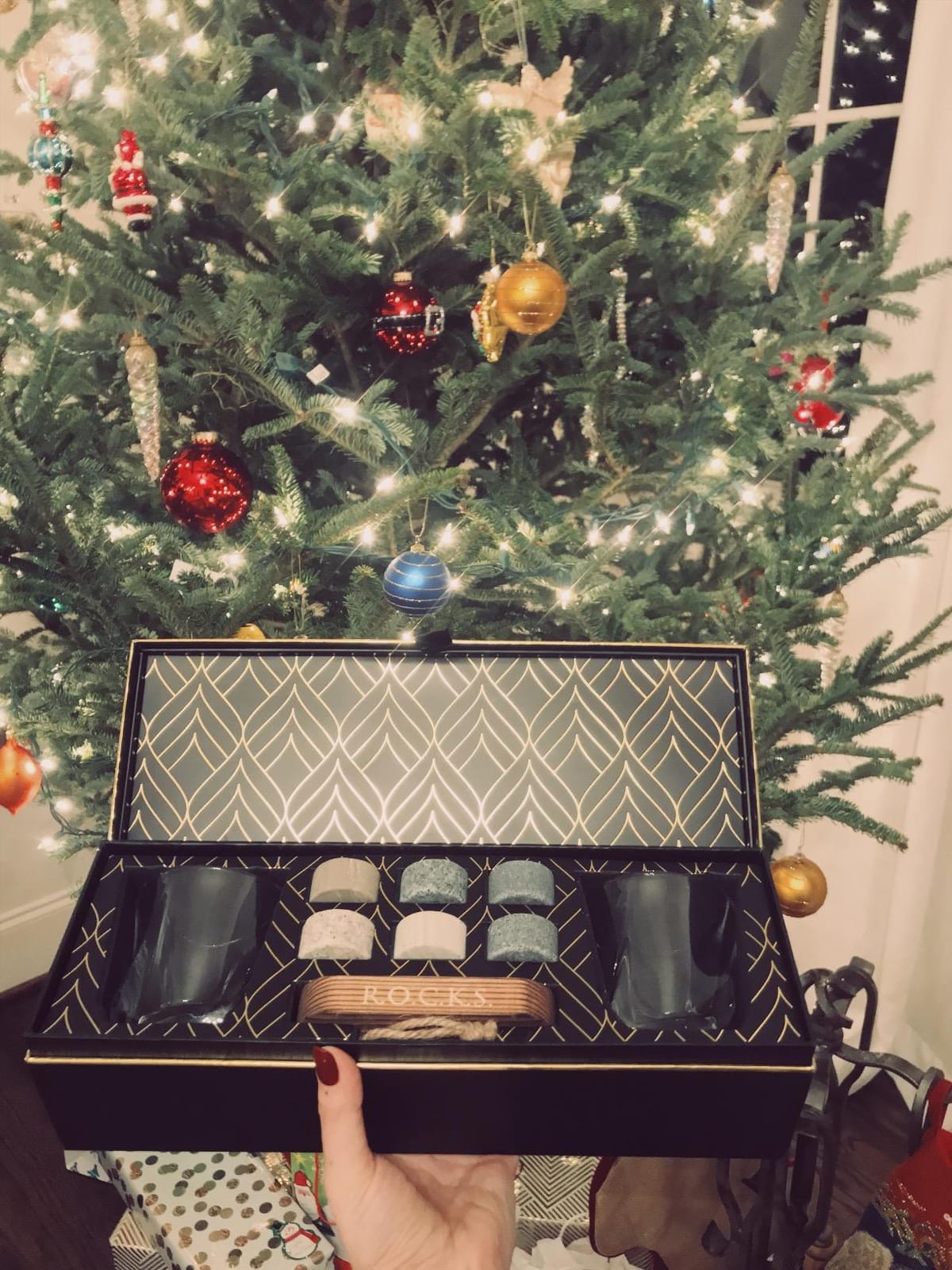 Whiskey Chilling Stones Gift Set - 6 Handcrafted Premium Granite Round Sipping Rocks - 2 Crystal Superior Glasses - Hardwood Presentation & Storage Tray - Elegant Gold Foil Gift Box by R.O.C.K.S. customer photo 2