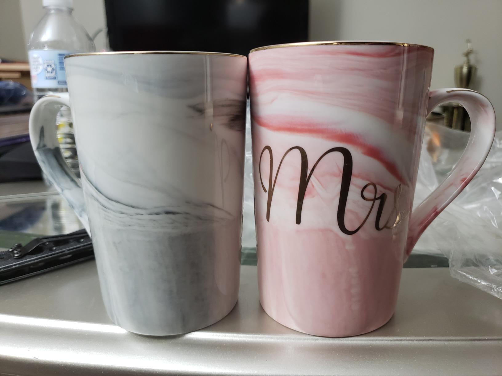 Jumway Wedding Gifts for Bride and Groom, Gifts for Bridal Shower Engagement Wedding and Married Couples Anniversary - Ceramic Marble Coffee Mugs with Real Gold Mr/Mrs Letters 14 Oz Pink customer photo 1