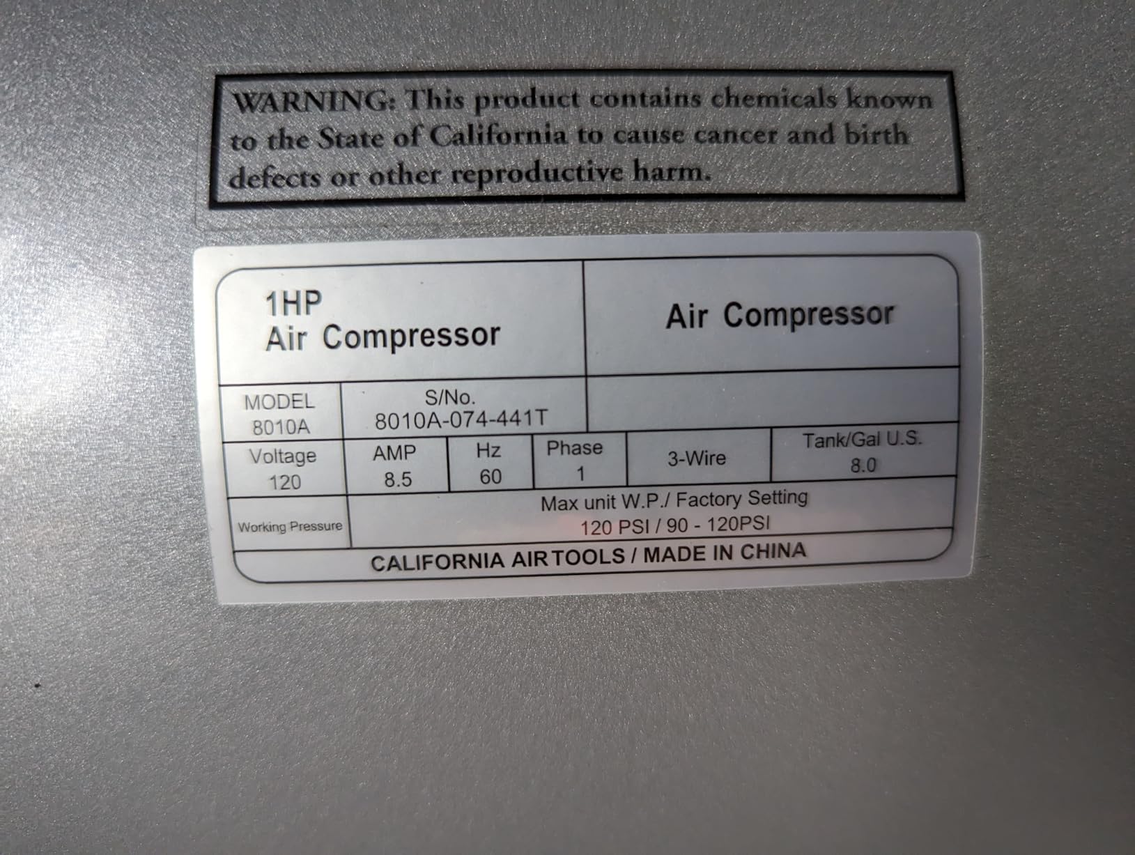 California Air Tools 8010A 1.0 HP Ultra Quiet and Oil-Free Air Compressor, 8 Gallon Aluminum Tank, Lightweight with Wheels, 60 dBA Noise Level customer photo 1