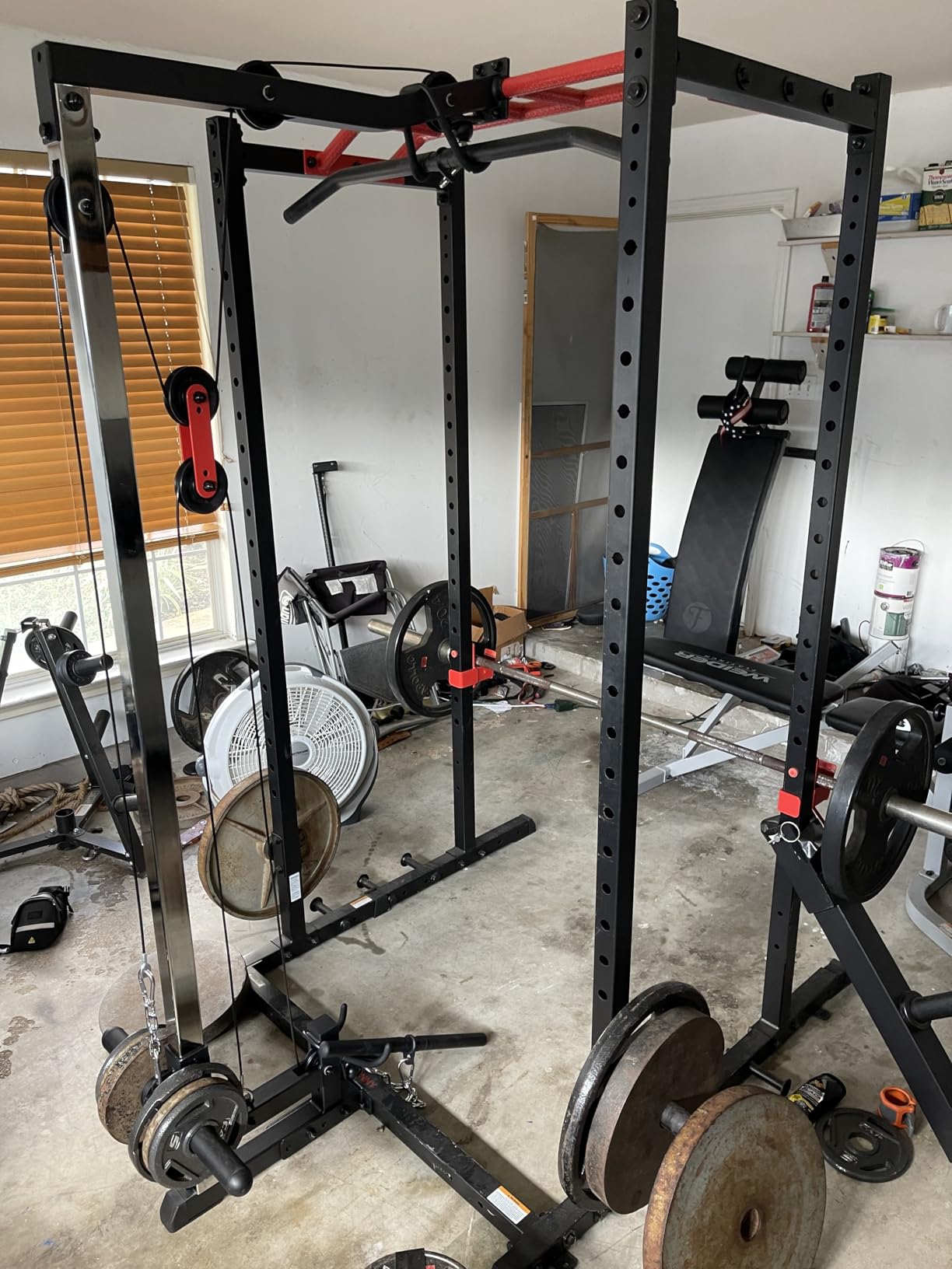 Sunny Health & Fitness Full Size Power Cage for Home Gym Training | Squats, Presses & Pull-Ups, Reversible Pull-Up Bar, Numbered Heights, 6 Band Pegs, Plate Storage, 1000 lb Rack customer photo 2