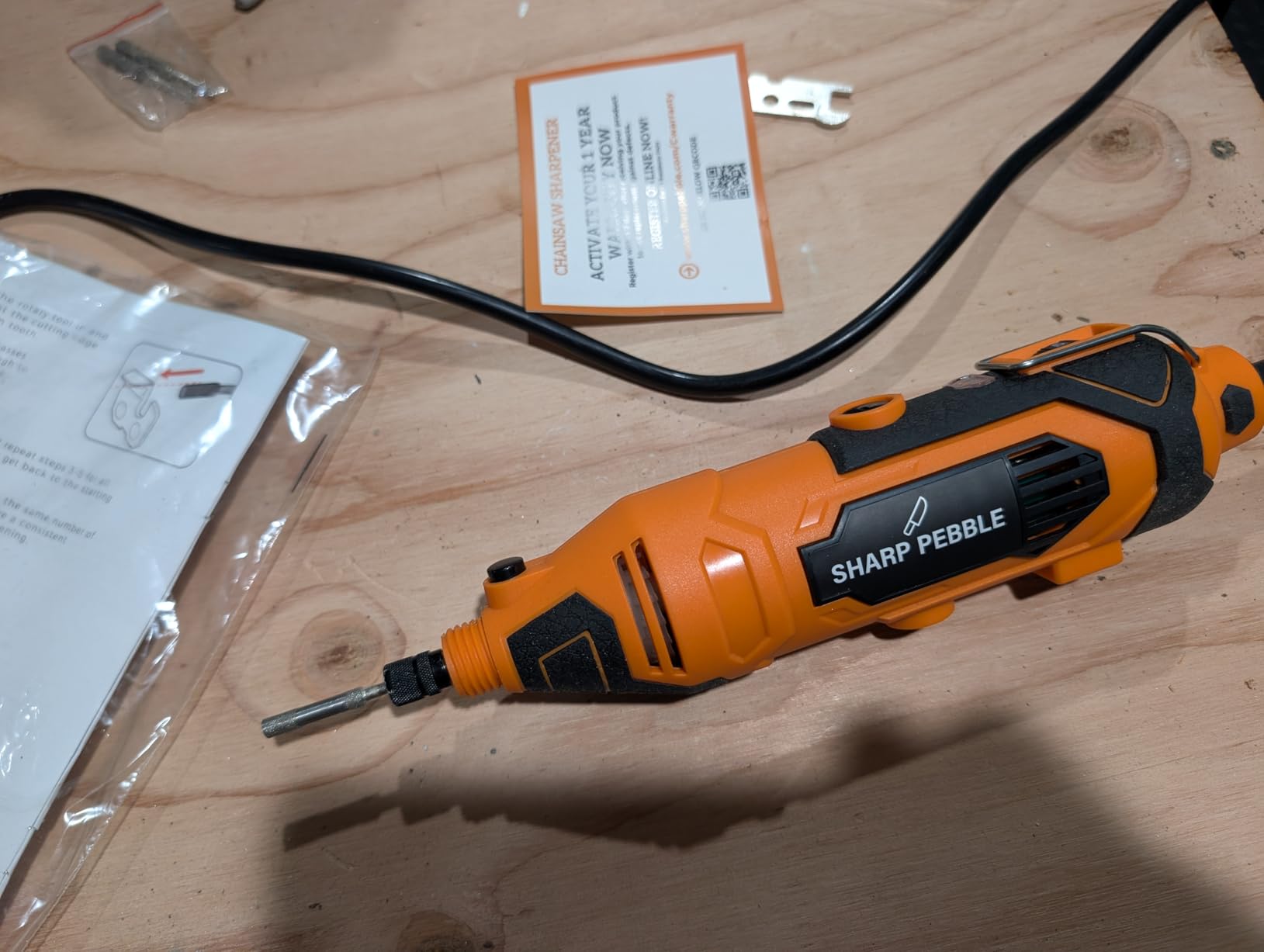 Sharp Pebble Electric Chainsaw Sharpener Kit - Chain Saw Sharpening Tool | 4 File Size Grinding Wheel Bits, Angle Guide Attachment, Wrench & eBook - Sharpens Every Tooth Evenly, Better Than a File customer photo 2