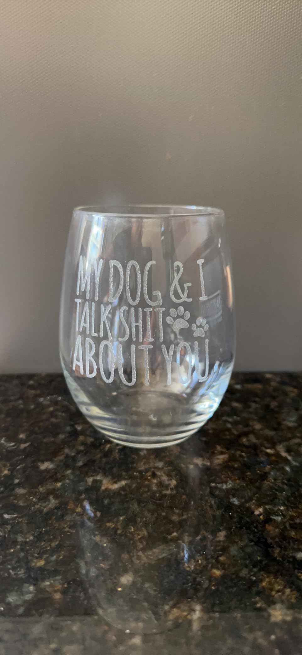 Stemless Wine Glass, My Dog & I Talk Shit About You, 15oz, Dog Mom Pet Gift customer photo 1