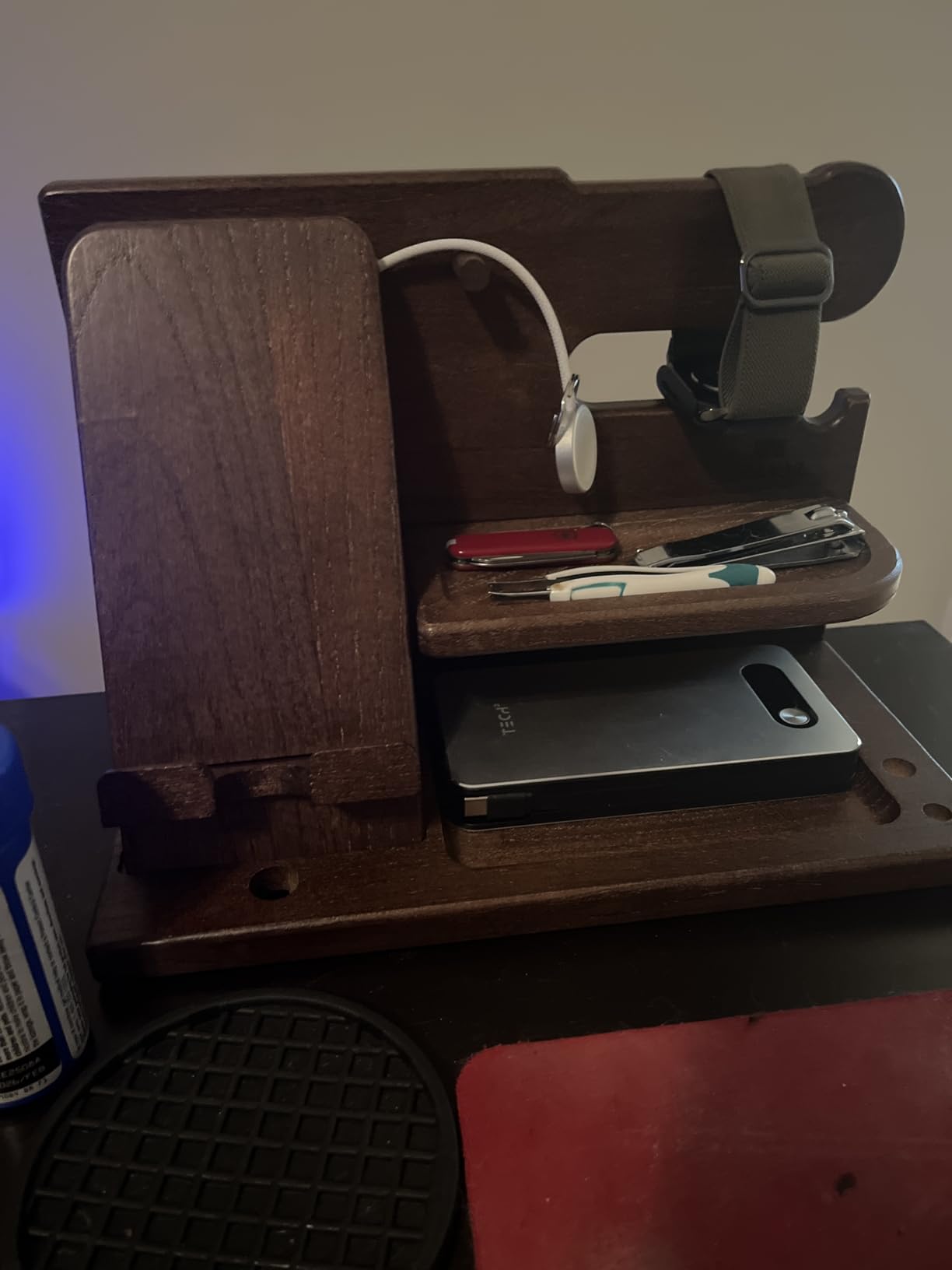 TESLYAR Wood Phone Docking Station for Men - Desk or Nightstand Organizer - Birthday Gifts for Husband, Dad - Anniversary Idea from Wife - Key Holder, Stand Wallet, Watch & Essentials (Bourbon Brown) customer photo 1