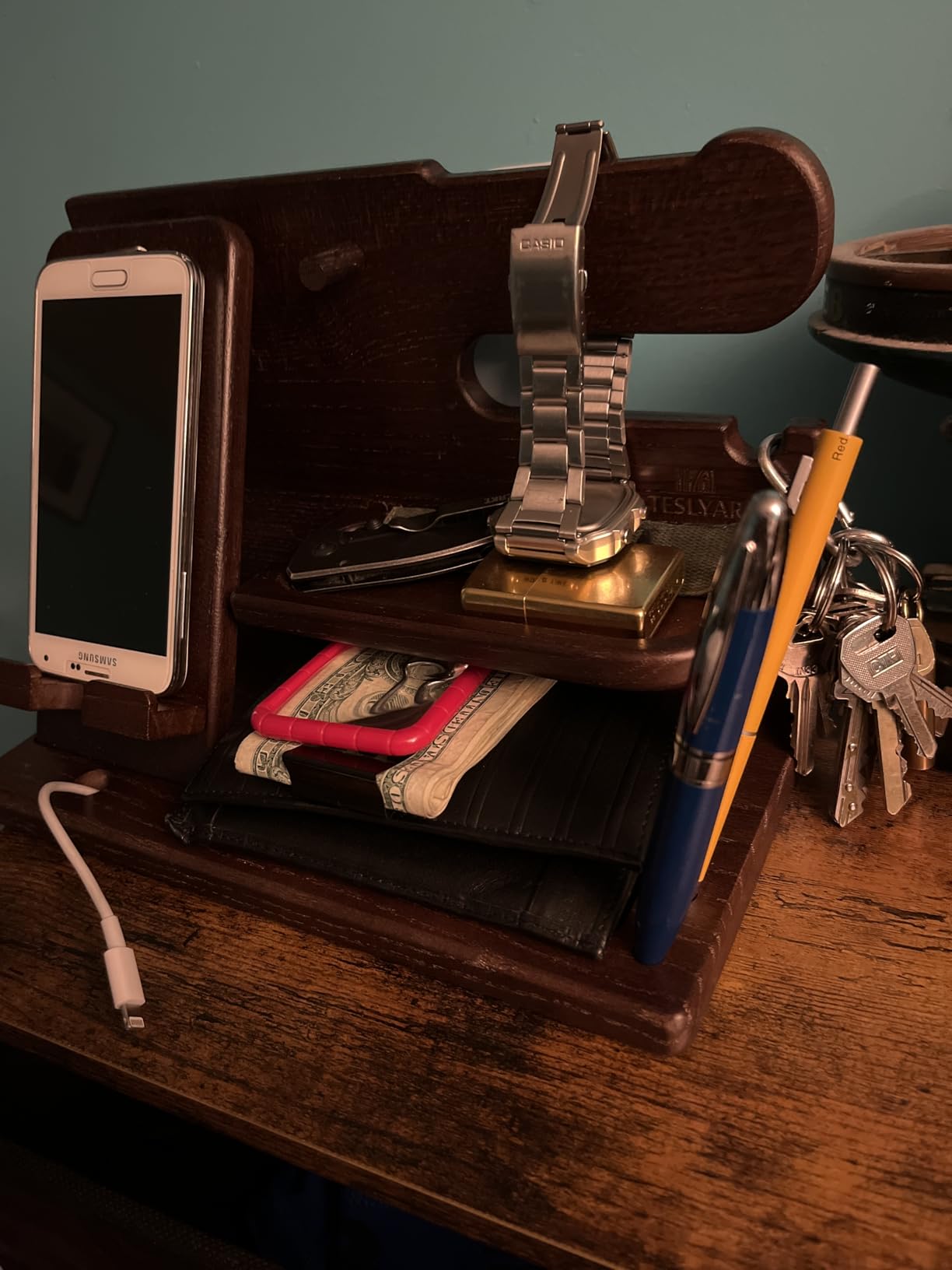 TESLYAR Wood Phone Docking Station for Men - Desk or Nightstand Organizer - Birthday Gifts for Husband, Dad - Anniversary Idea from Wife - Key Holder, Stand Wallet, Watch & Essentials (Bourbon Brown) customer photo 2