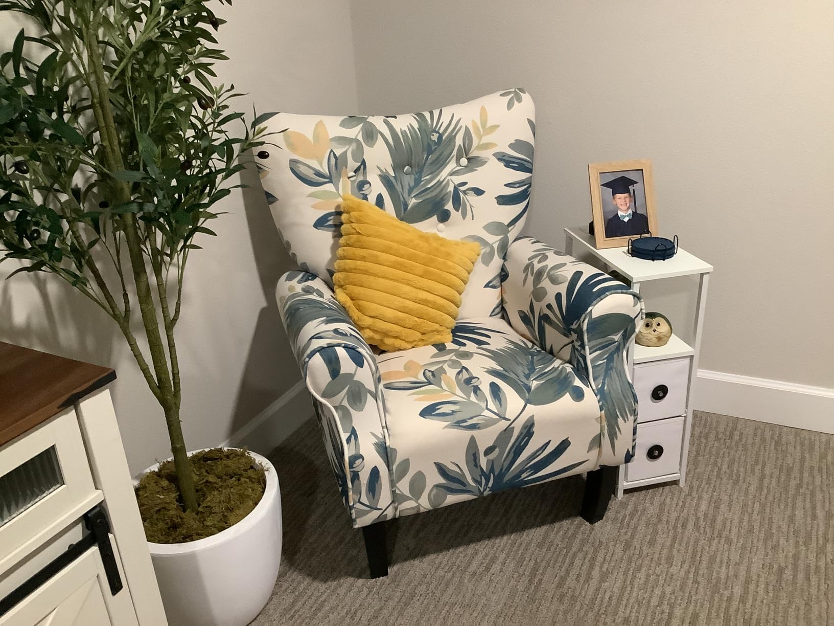 YOLENY Modern Accent Chair, High Back Armchair, Upholstered Fabric Button Single Sofa with Wooden Legs for Living Room, Bedroom, Blue Leaves customer photo 2