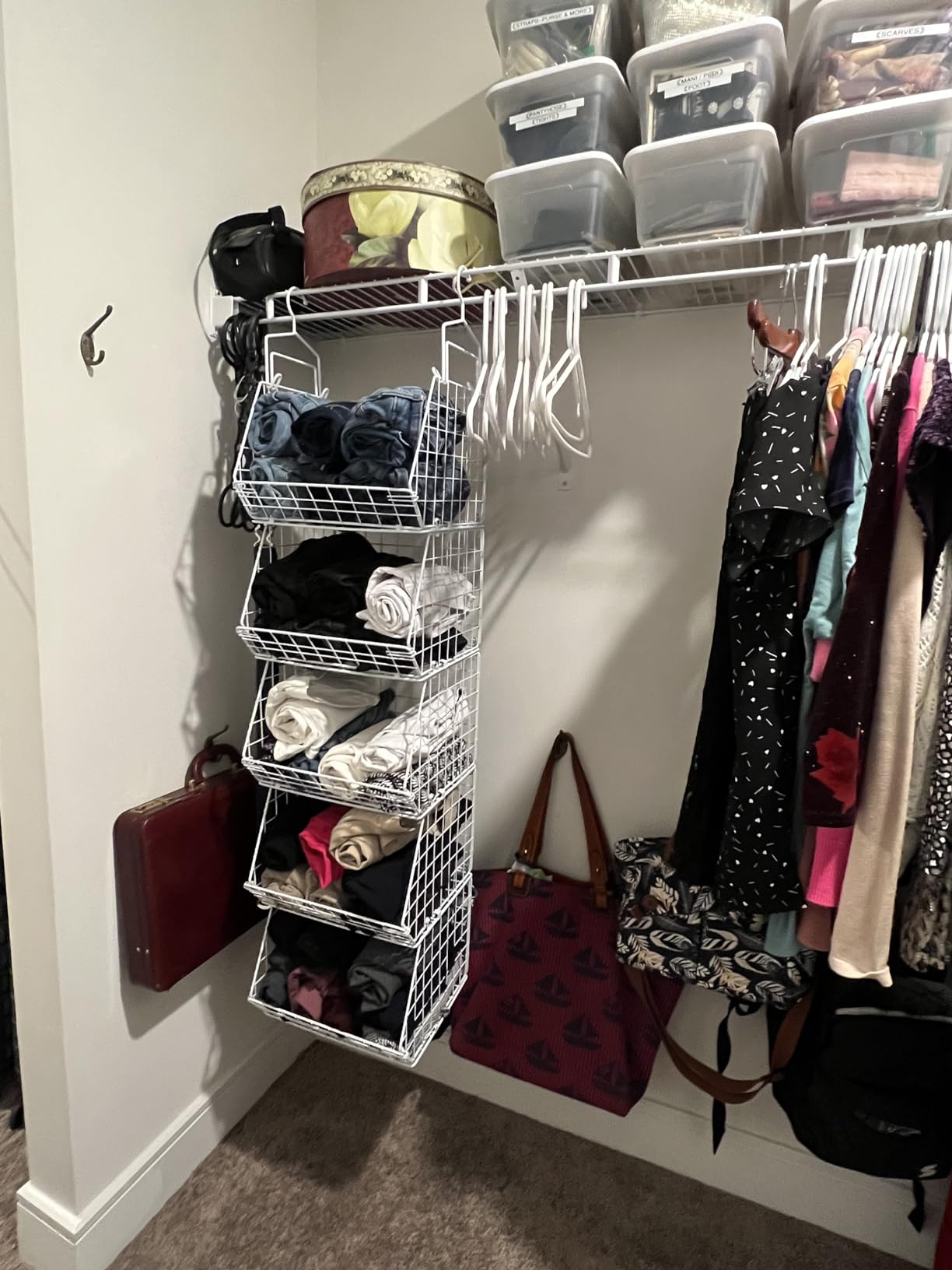 X-cosrack 5 Tier Closet Hanging Organizer, Clothes Hanging Shelves with 4 Hanging Hooks 5 S Hooks, Wire Storage Basket Bins, for Clothing Sweaters Shoes Handbags Accessories Patent Design customer photo 2