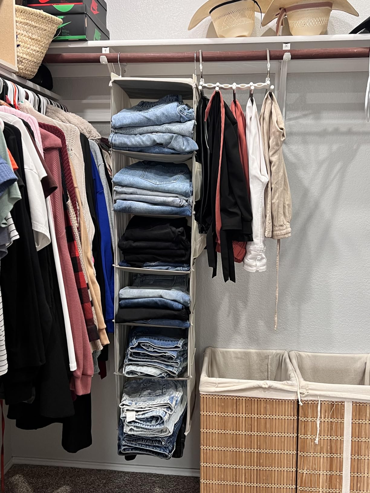 YOUDENOVA Hanging Closet Organizer, 6-Shelf Closet Hanging Storage Shelves, 2 Packs, Grey | Breathable Fabric, 2 Side Pockets, Clothes Organizer, Hanging Shelves, Closet Storage customer photo 1
