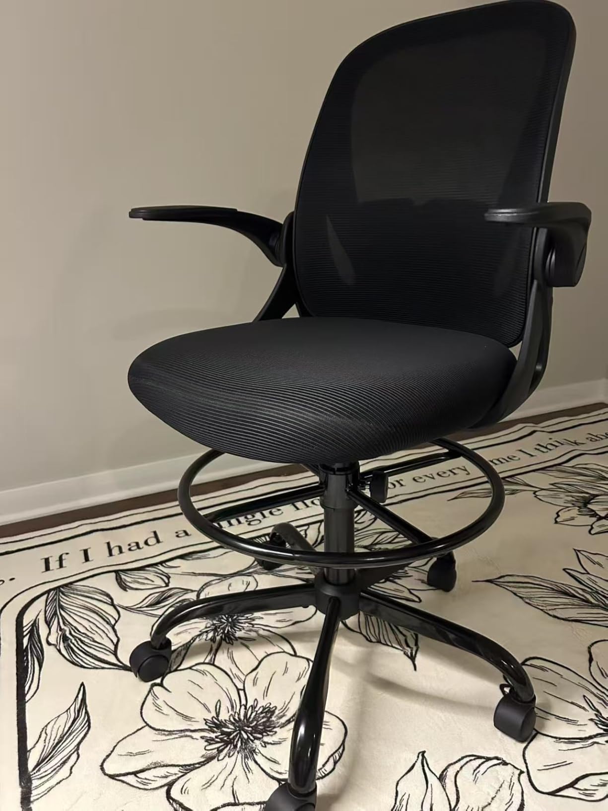 Primy Drafting Chair Tall Office Chair with Flip-up Armrests Executive Ergonomic Computer Standing Desk Chair with Lumbar Support and Adjustable Footrest Ring (Black) customer photo 2