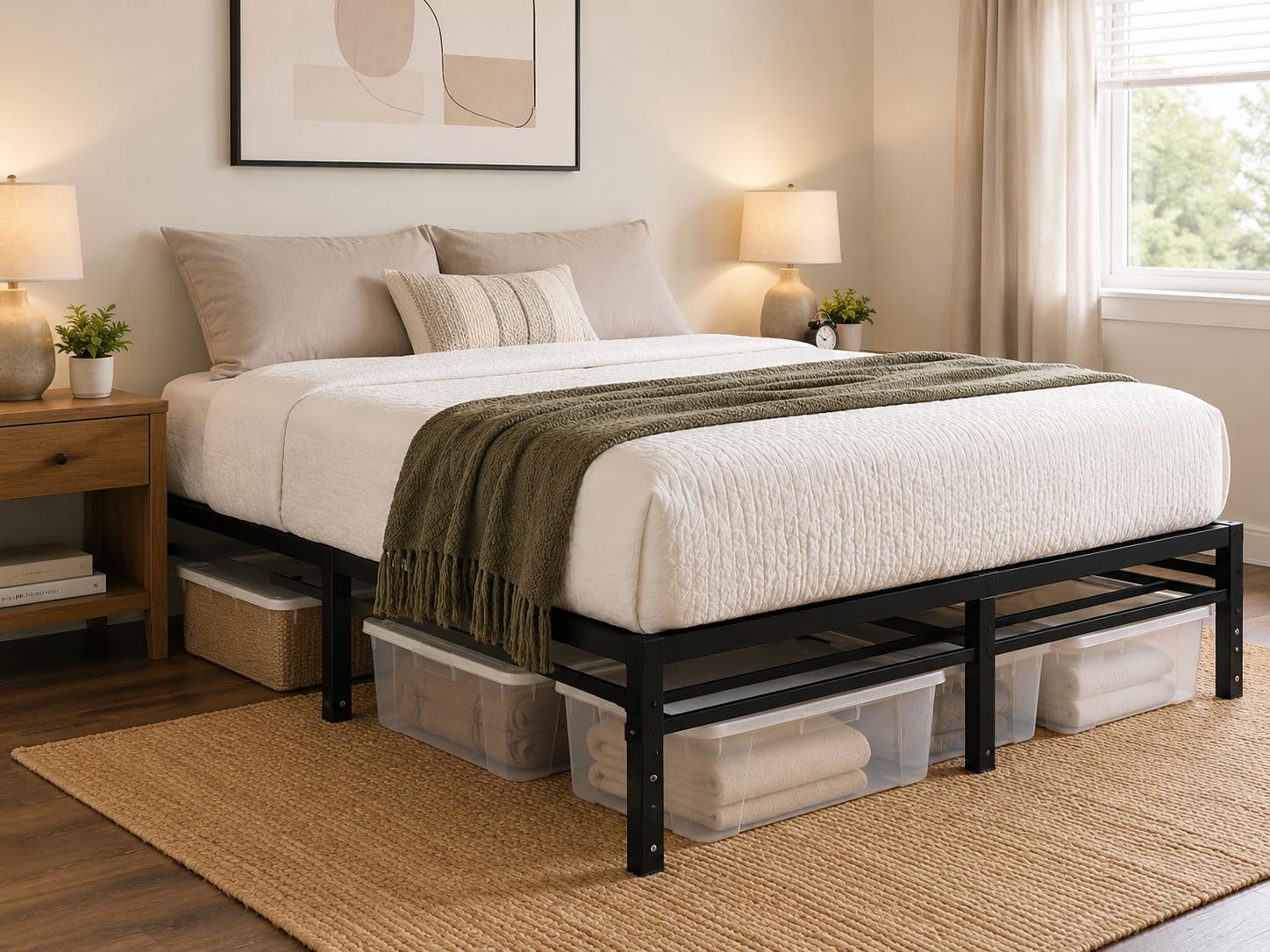 NEW JETO Metal Bed Frame, King Size Bed Frame with Storage Space, 18 Inch | Heavy Duty Sturdy Mattress Foundation, Easy Assembly, No Box Spring Needed, Black customer photo 1