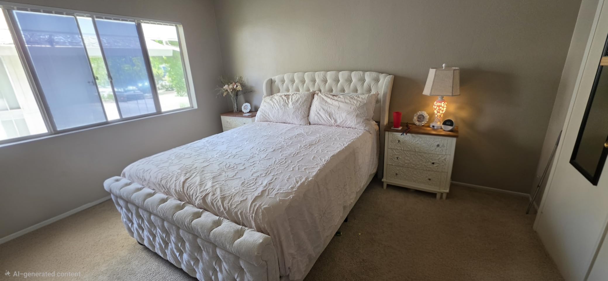 AMERLIFE Queen Size Platform Bed Frame, Chenille Upholstered Sleigh Bed with Scroll Wingback Headboard & Footboard/Button Tufted/No Box Spring Required/Cream customer photo 1
