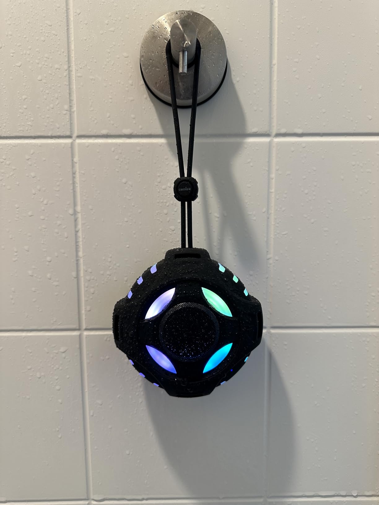 comiso Bluetooth Shower Speaker, IPX7 Waterproof Speaker with Robust Bass | Portable Speaker with LED Light, Floating, Stereo Sound, 2000mAh, Lanyard, Great for Kayak, Travel, Beach, Gift for All Ages customer photo 1