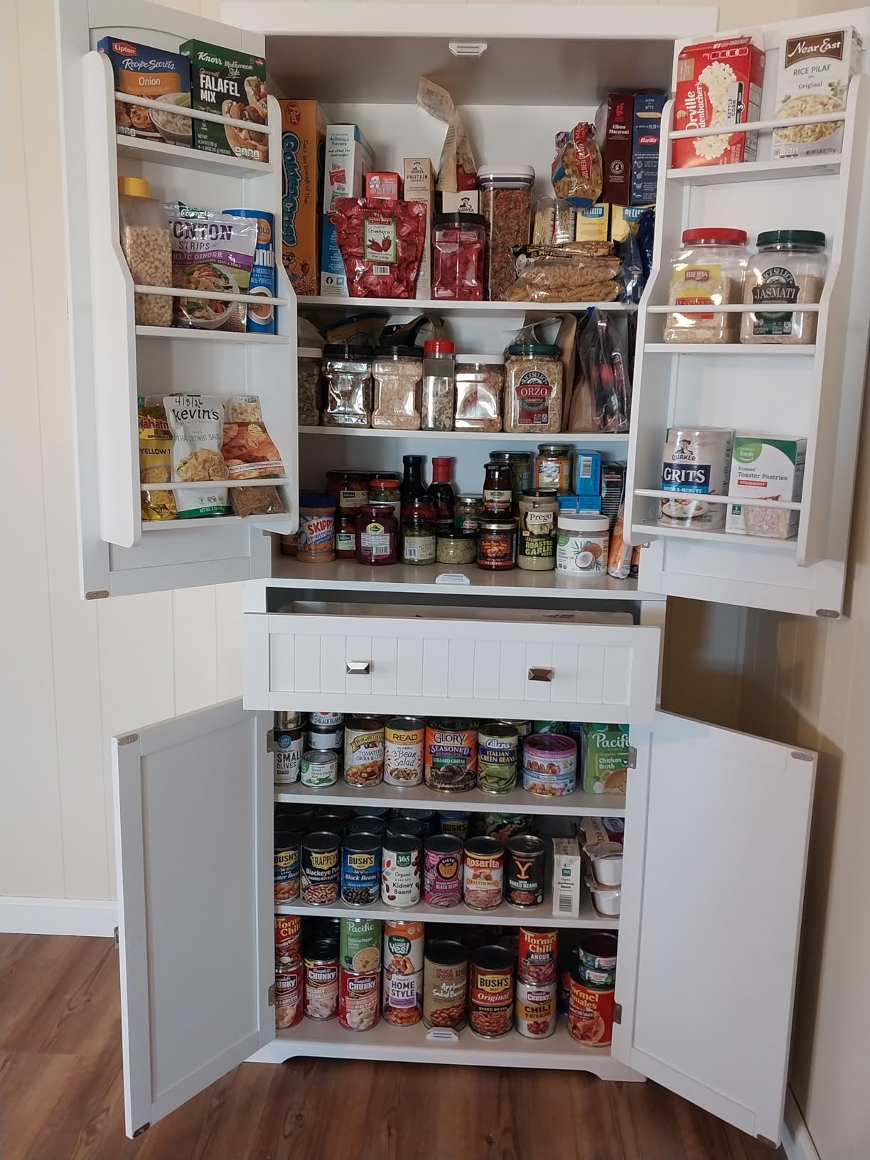 VASAGLE Pantry Cabinet, Freestanding Tall Cupboard with a Drawer, White | Freestanding cupboard with 2 cabinets, 4 adjustable shelves, 6 door shelves customer photo 2