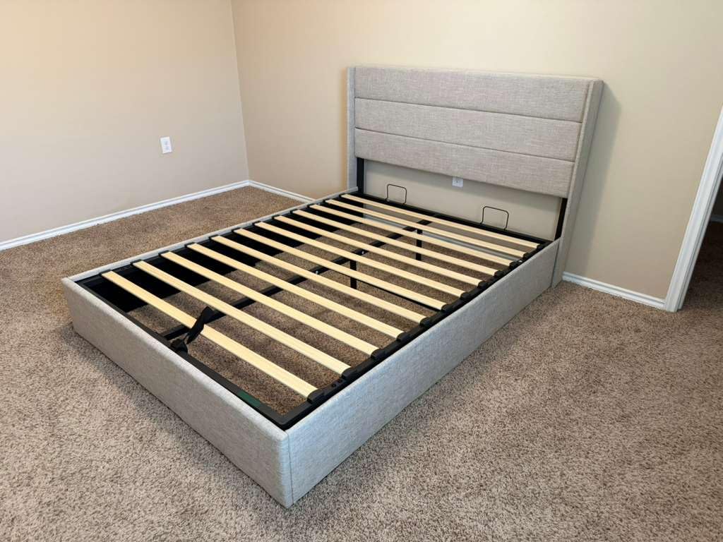 Allewie Queen Size Lift Up Storage Bed, Modern Wingback Headboard, Hydraulic Support, No Box Spring Needed, Light Beige customer photo 1