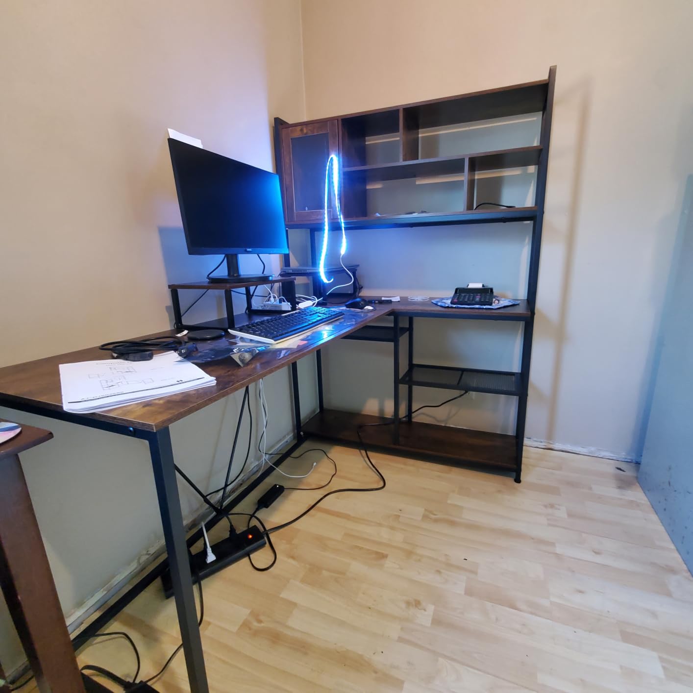 SEDETA L Shaped Computer Desk with Storage Shelves, Bookshelf, Rustic Brown | 58'' Reversible Office Desk with LED Light, Glass Door Cubby, L Shaped Corner Desk for Gaming, Two Monitors, Small Space customer photo 1