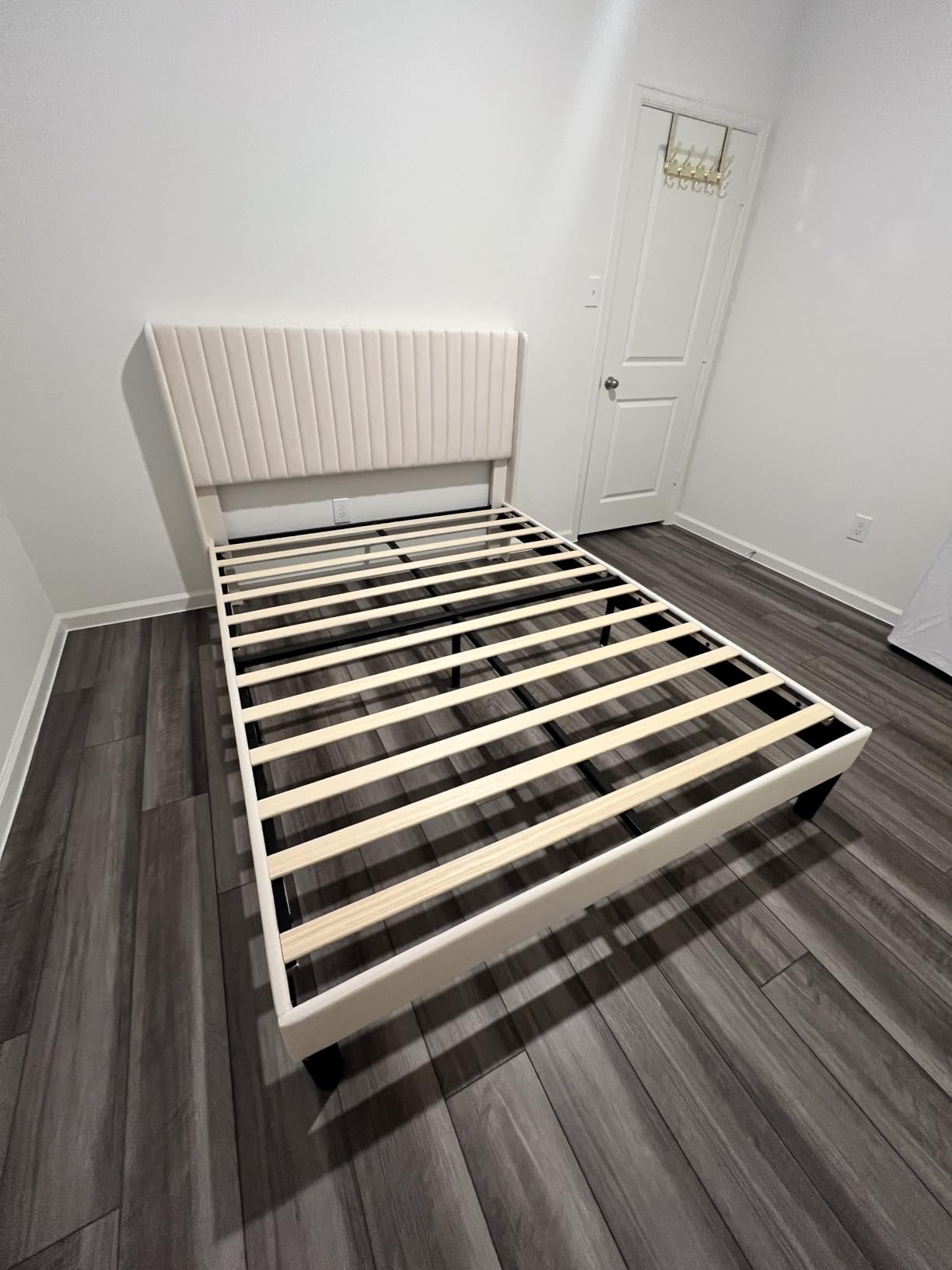 Allewie Queen Size Velvet Bed Frame / Vertical Channel Tufted Wingback Headboard / Upholstered Platform Bed / Strong Wooden Slats / No Box Spring Needed / Easy Assembly / White customer photo 2