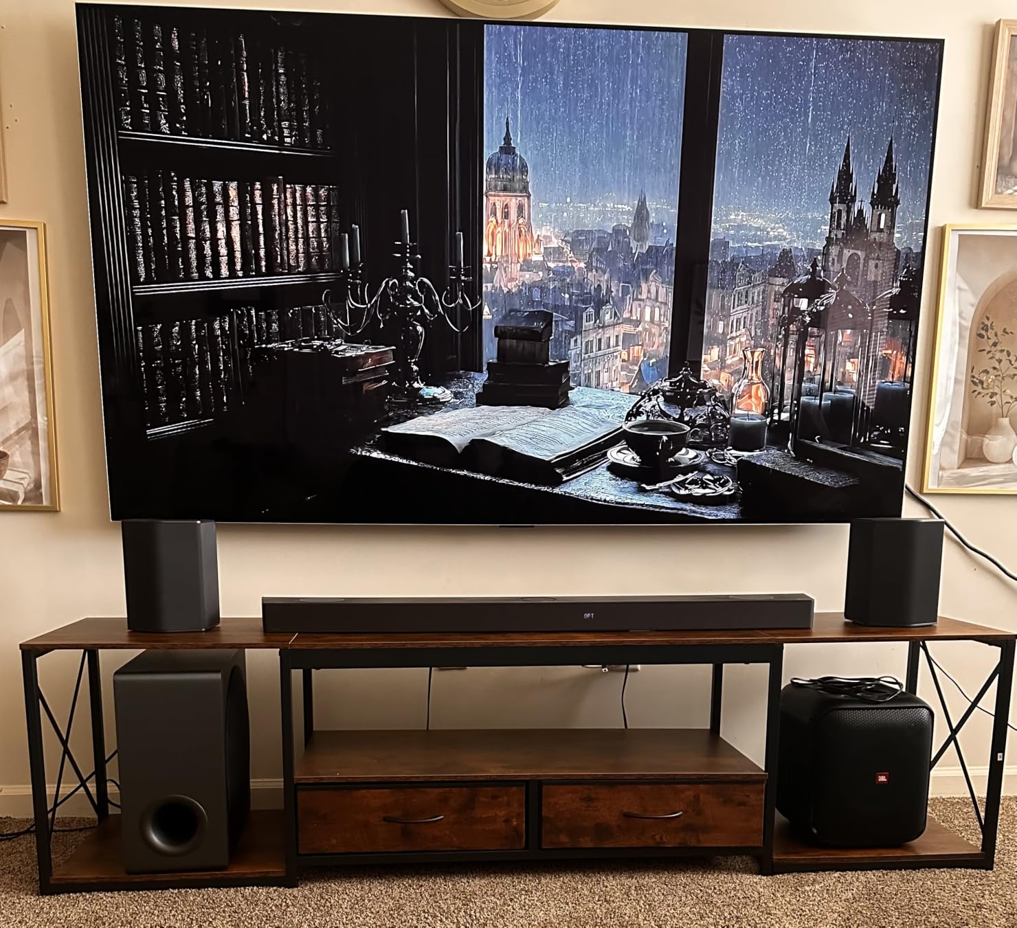 GYIIYUO TV Stand with Fabric Drawer for 65 70 75 Inches TV - Entertainment Center and Industrial TV Console Table with Open Storage Shelves for Living Room, Bedroom - 63