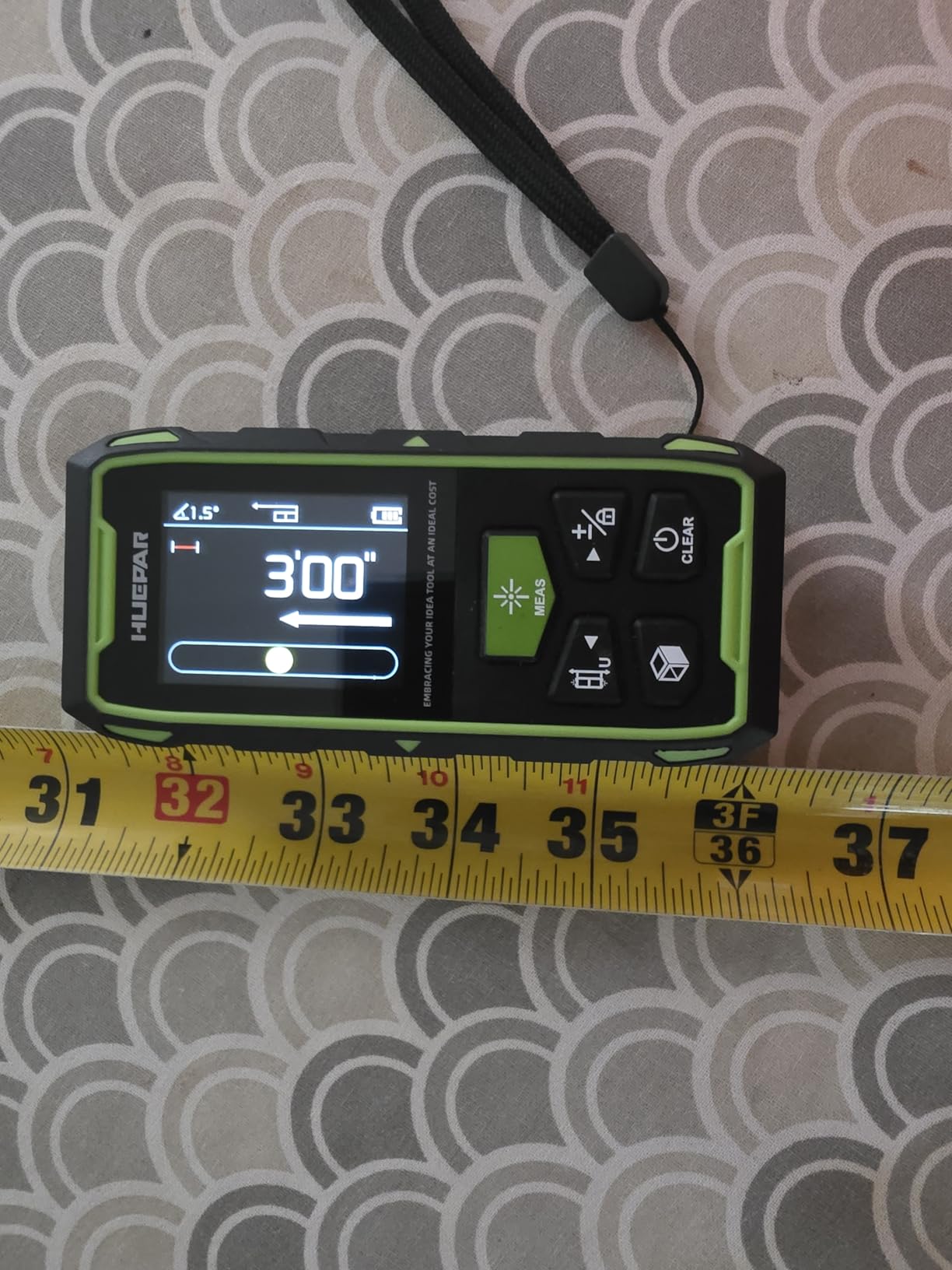 Huepar Dual Laser Measuring Tool, 656Ft Green-Beam Bilateral Digital Laser Distance Measure 6 Units Ft/in/M, Rechargeable Laser Measurement Tool -Backlit LCD Display, Length/Area/Volume/Angle Sensor customer photo 1