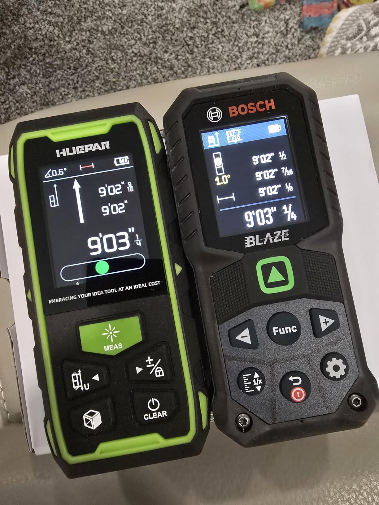 Huepar Dual Laser Measuring Tool, 656Ft Green-Beam Bilateral Digital Laser Distance Measure 6 Units Ft/in/M, Rechargeable Laser Measurement Tool -Backlit LCD Display, Length/Area/Volume/Angle Sensor customer photo 2