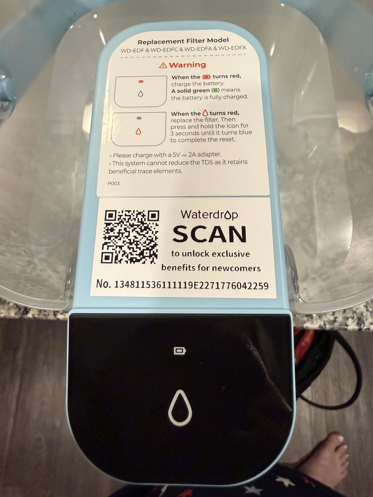 Waterdrop ED01W Electric Water Filter Pitcher, NSF/ANSI 42&53&401&372, White | 200-Gallon Long-Life, Reduce 99.6% of Lead and 45+ Impurities, 15-Cup, Rechargeable Instant Dispenser customer photo 1