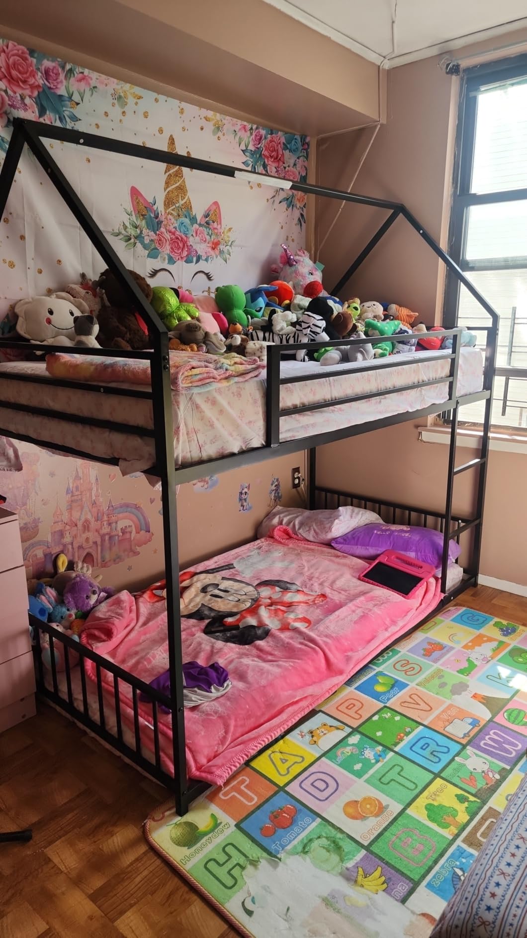 LIKIMIO Bunk Bed Twin Over Twin, House Bunk Bed Frame with Ladder and Guardrail, House Shaped with Metal Slats for Dormitory and Bedroom, Space Saving, No Box Spring Needed, Black customer photo 1