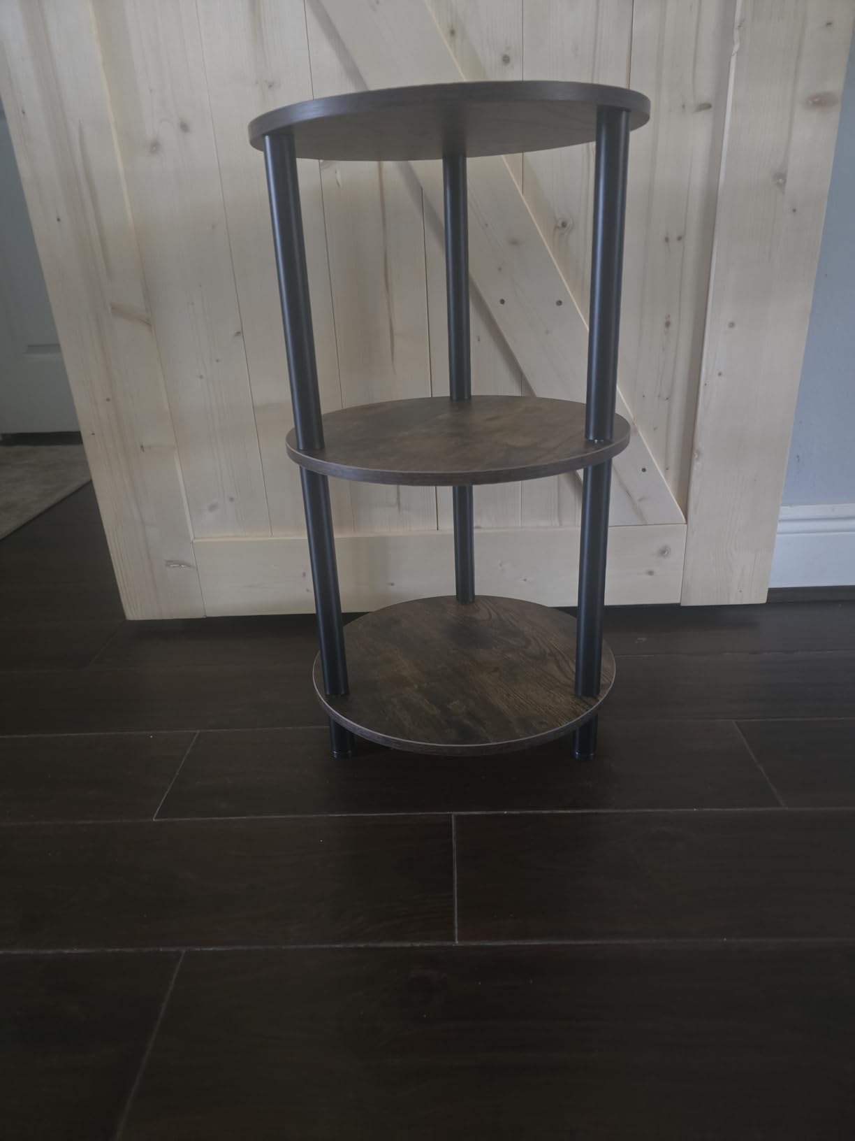 XBurmo Small Round Coffee Table - 3 Tier Design Accent Table, Narrow Side or Bedside Stand, Industrial Vintage Nightstand for Bedroom, Living Room, or Small Spaces, Rustic Brown customer photo 2