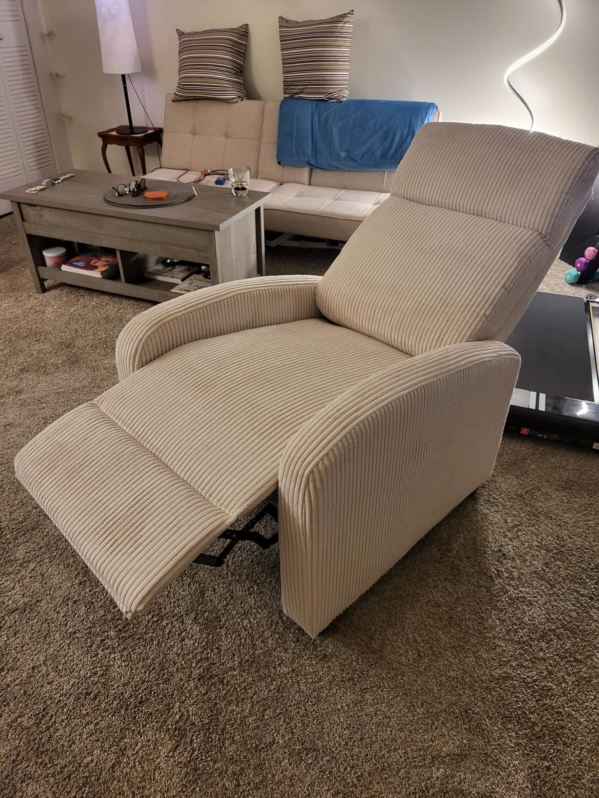 Lexicon Corduroy Pushback Recliner Chair Armchair Push Back Recliner, Solid Wood Frame and Metal Base, Easy Assembly Small Soft Single Sofa Accent Chair for Living Room/Office/Apartment, Light Grey customer photo 2
