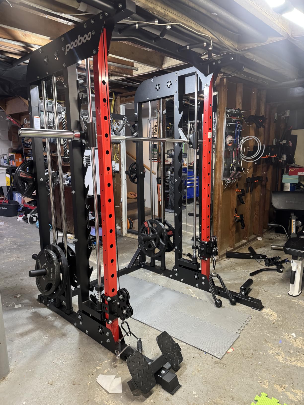 pooboo Power Cage Smith Machine with 2000LB Squat Rack Cable System | LAT Pulldown and Dual Pulley Cable Crossover with All-in-One Home Gym Machine, Adjustable Stations and Training Attachments customer photo 1