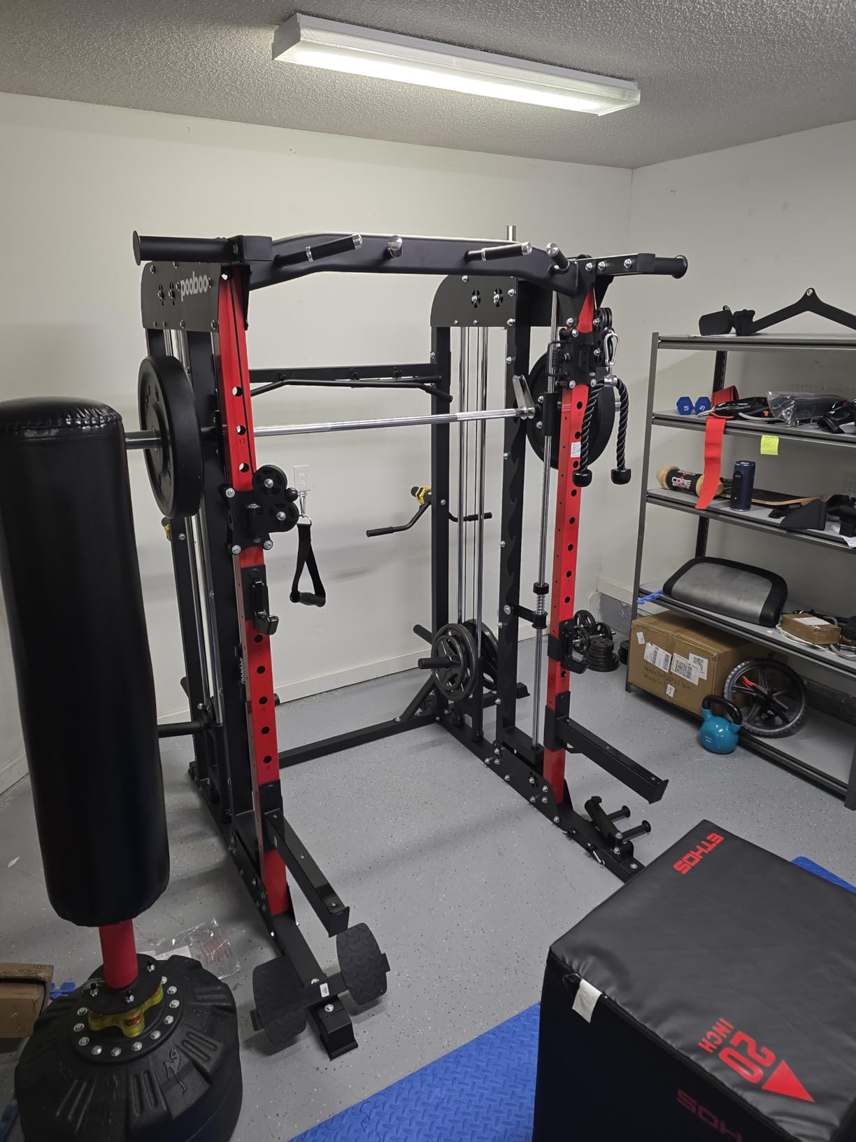 pooboo Power Cage Smith Machine with 2000LB Squat Rack Cable System | LAT Pulldown and Dual Pulley Cable Crossover with All-in-One Home Gym Machine, Adjustable Stations and Training Attachments customer photo 2