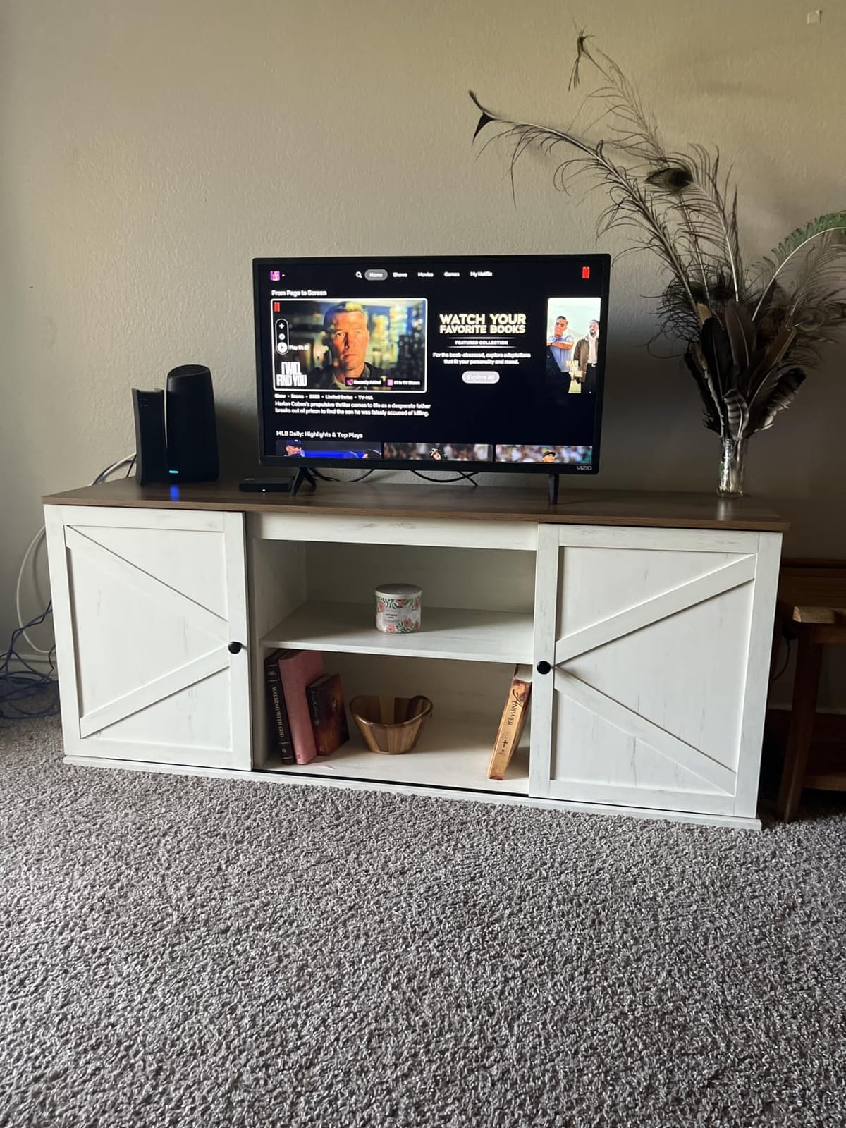 VASAGLE Farmhouse TV Stand for TVs up to 80 Inches, Entertainment Center with Storage Cabinets and Sliding Barn Doors, Media Console Table for Living Room, Rustic White and Honey Brown ULTV537W01 customer photo 1
