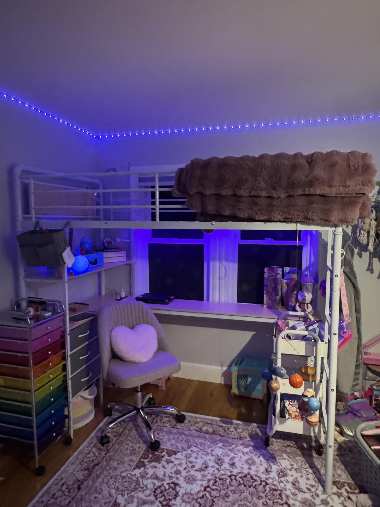 Twin Size Loft Bed with L-Shaped Desk, LED Lights, Charging Station, Industrial Heavy Duty Metal Loft Bed Frame with 3 Storage Shelves and 3 Fabric Drawers, Safety Guard & Ladder, Vintage Brown customer photo 2