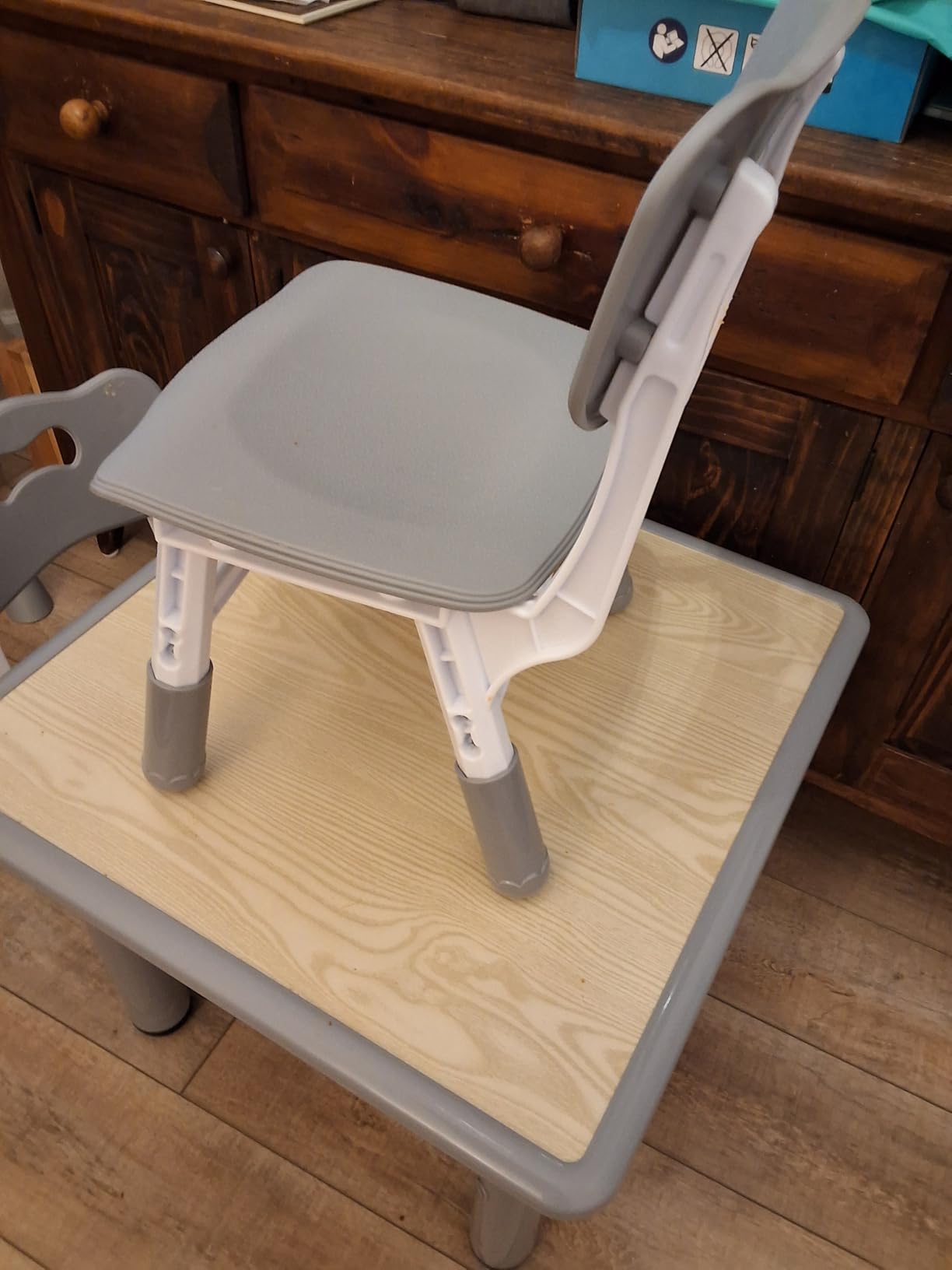 Pterying Wood Toddler Table and Chair Set, Kids Activity Desk, White Gray | 3-in-1 Desk with Reversible Paintable Tabletop, 2 Under-Seat Storage Drawers, for Crafts, Arts, Drawing, Learning customer photo 1