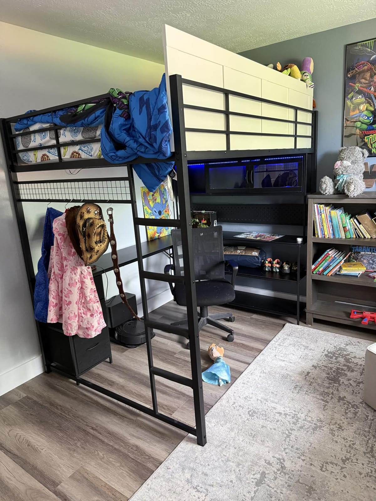 ADORNEVE Twin Size Loft Bed with Gaming Desk, RGB Hutch, Black | Expanded Safety Power Outlet, 3 Drawers, Shelves & Pegboard, Metal Loft Bed Frame with RGB Light, Space Saving for Teens customer photo 2