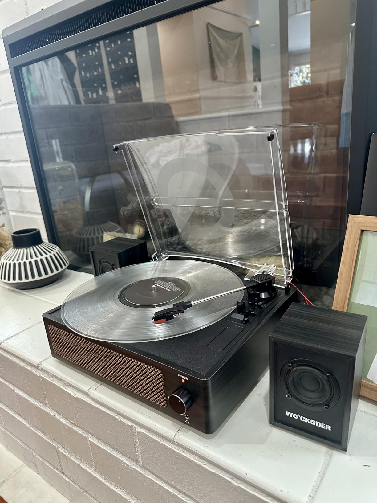 WOCKODER® Vinyl Record Player with 2 External Passive Speakers, Black Wooden | Patented Design, Belt-Drive Vintage Turntable, Bookshelf Speakers, 3 Speed, BT Wireless Input, AUX Headphone, Auto Stop, Retro Style customer photo 1