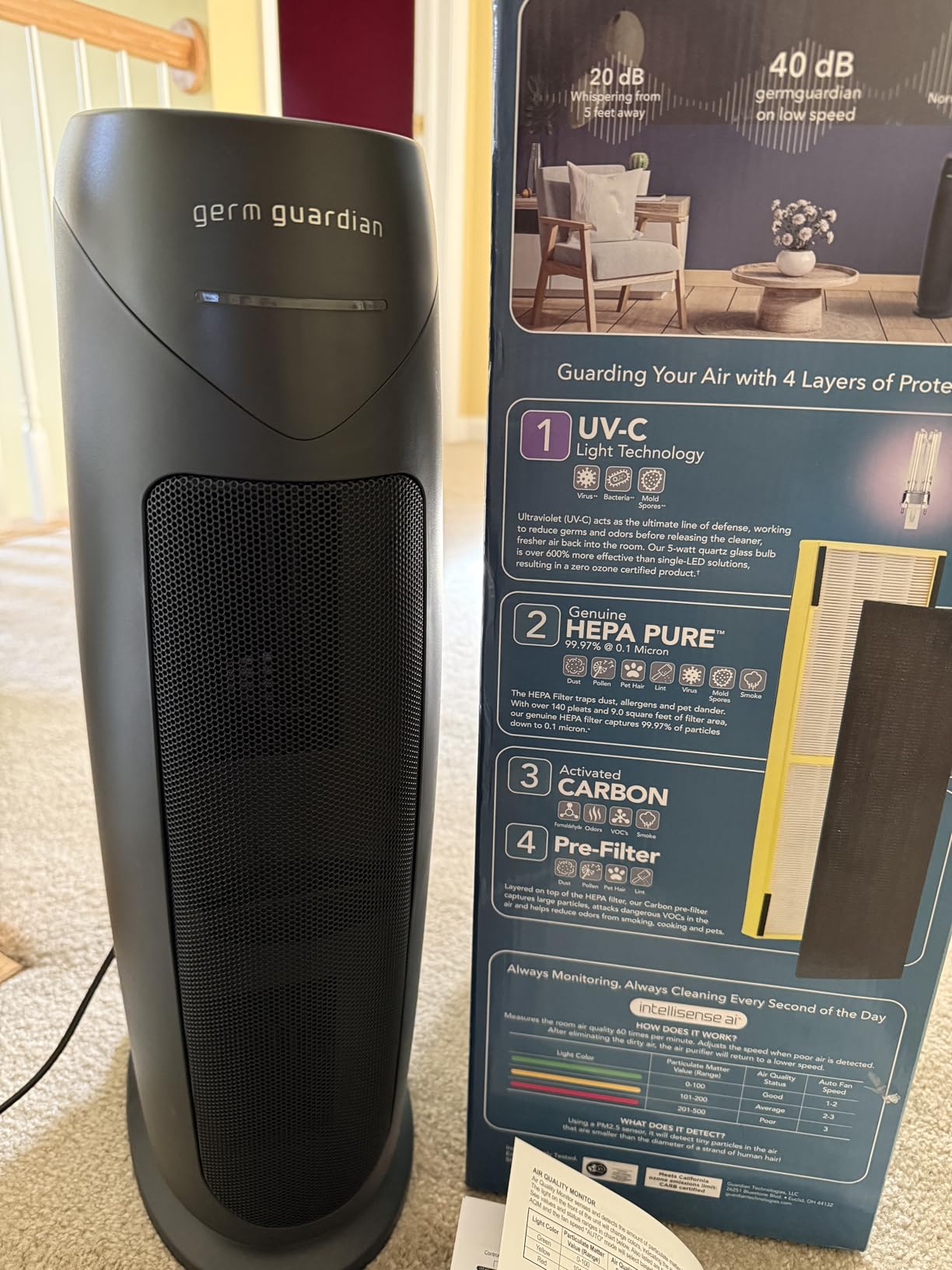 GermGuardian HEPA Indoor Large Room Air Purifier for Home - Pet Dander, Dust, Pollen, Smoke, and Odors in Bedroom, Office, and Kitchen - Air Quality Monitor and UV-C Light Combo - Gray customer photo 2
