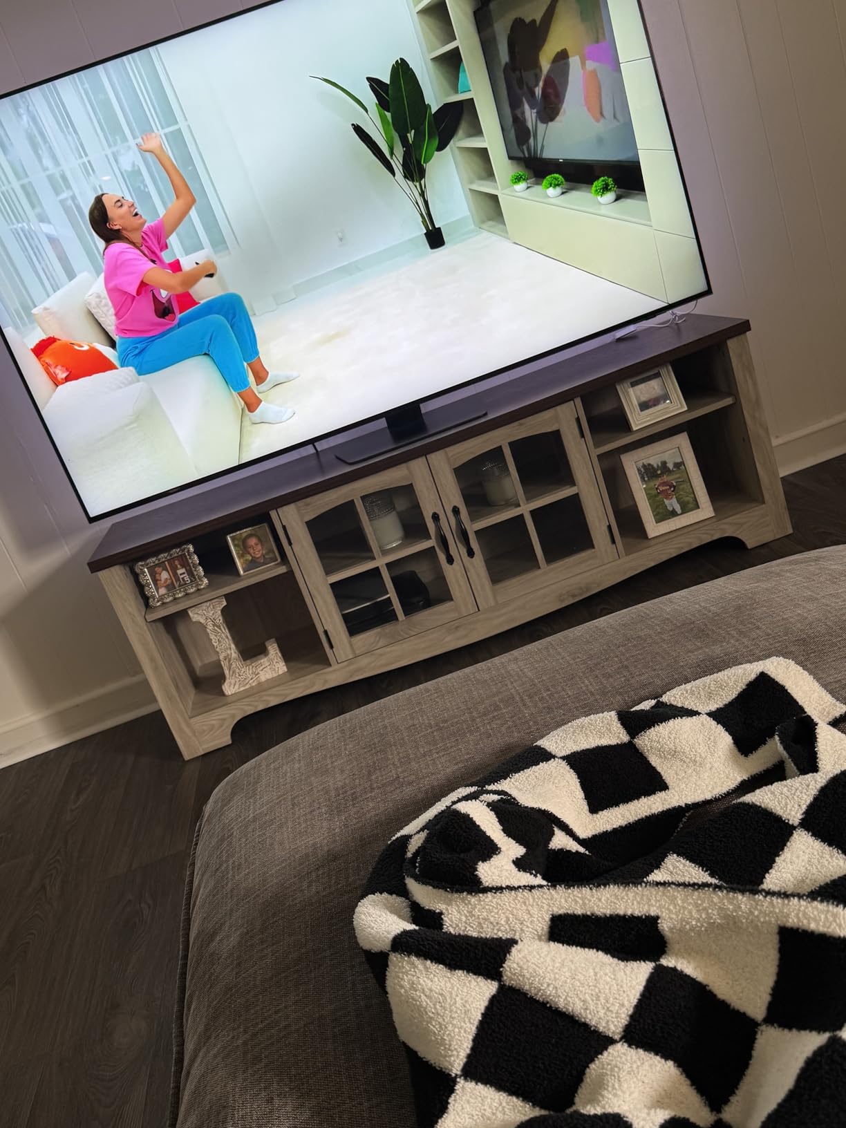 LINSY HOME TV Stand for 75 Inch TV, Modern Farmhouse Entertainment Center with Storage Cabinets and Glass Doors, Tall Media Console Table for Living Room, Bedroom, Large Long Television Stand, Brown customer photo 1