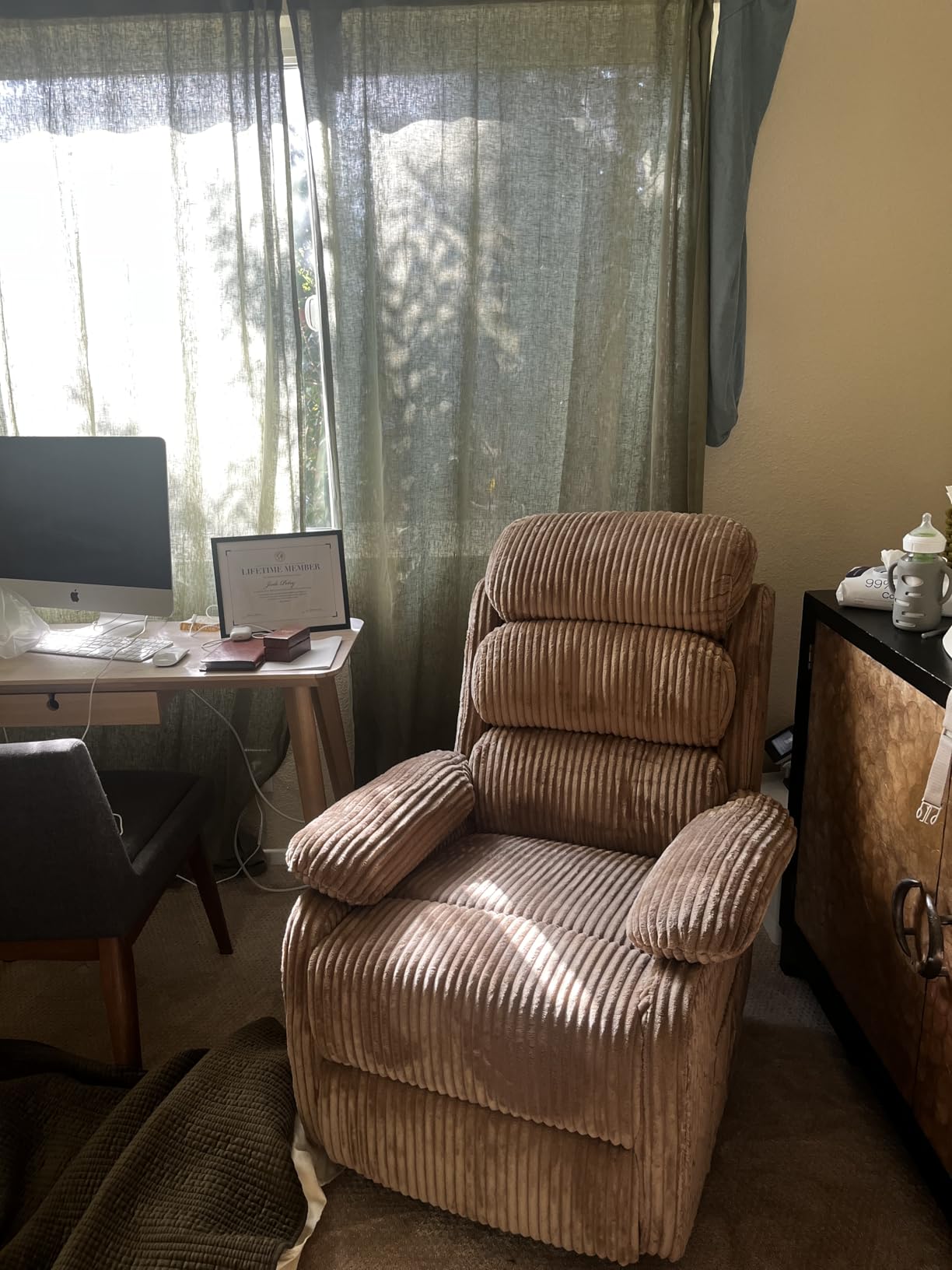 Velvet Upholstered Glider Recliner Chair - 360° Swivel Rocker Chair for Adults, Small Rocking Chair for Small Spaces, Soft Fabric Recliner Chair with Side Pockets, Comfortable Nursery Chair, Brown customer photo 2