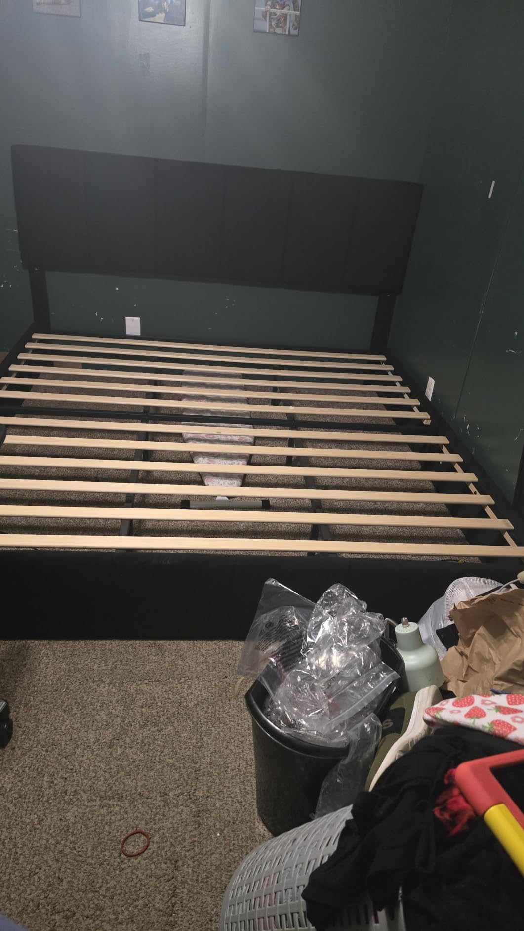 SHA CERLIN Queen Bed Frame, Dutch Velvet Upholstered Platform Bed, Vertical Channel Tufted Adjustable Headboard, Low Profile Bed Frame, No Box Spring Needed, Easy Assembly, Black customer photo 1