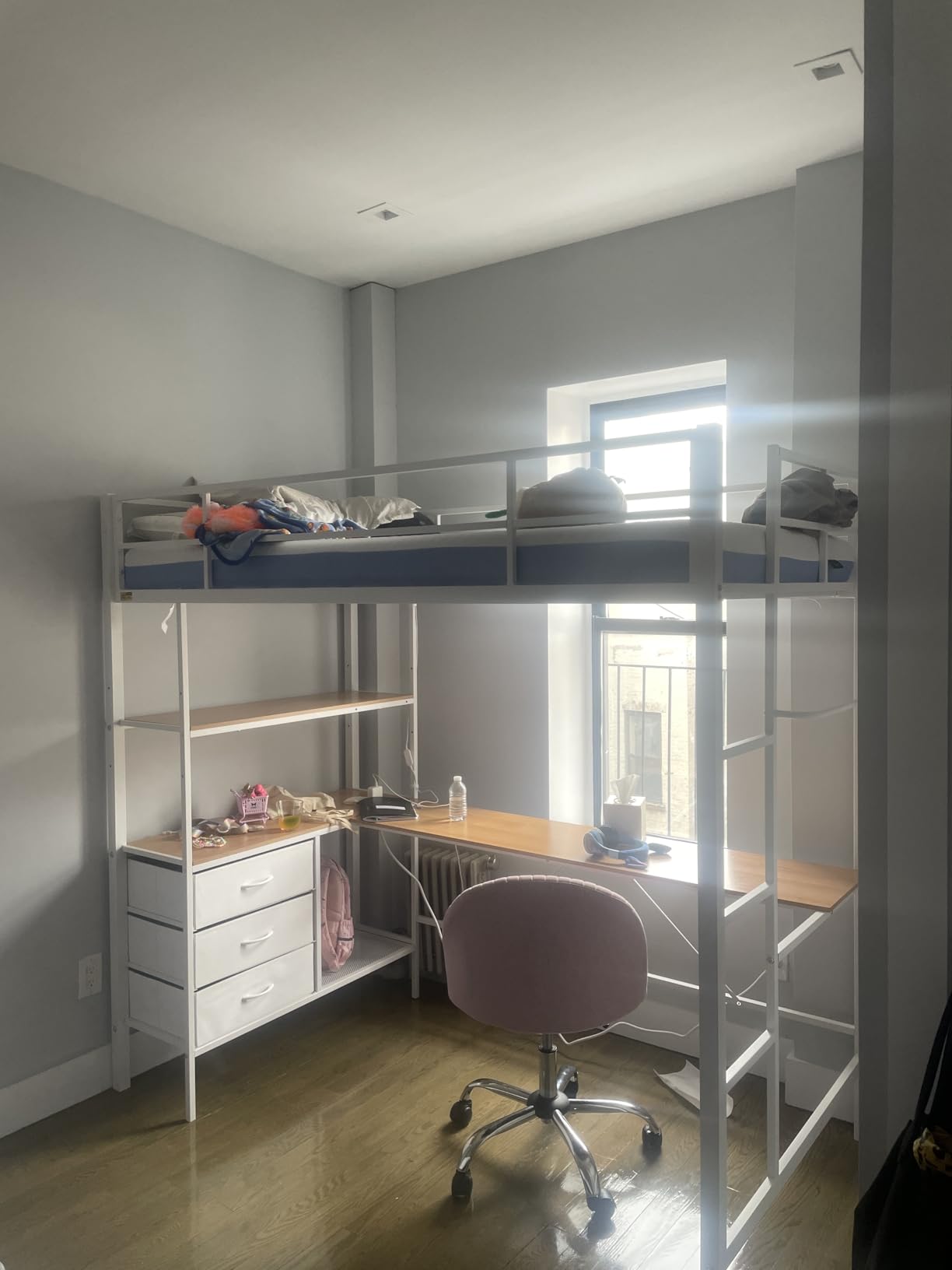 DICTAC Loft Bed Full Size with U-Shaped Desk, 7 Storage Drawers and Charging Station, Metal Full Loft Bed with Led Lights and 2-tier Storage Shelves, loft full bed with Safety Guardrail and Ladders, White customer photo 2
