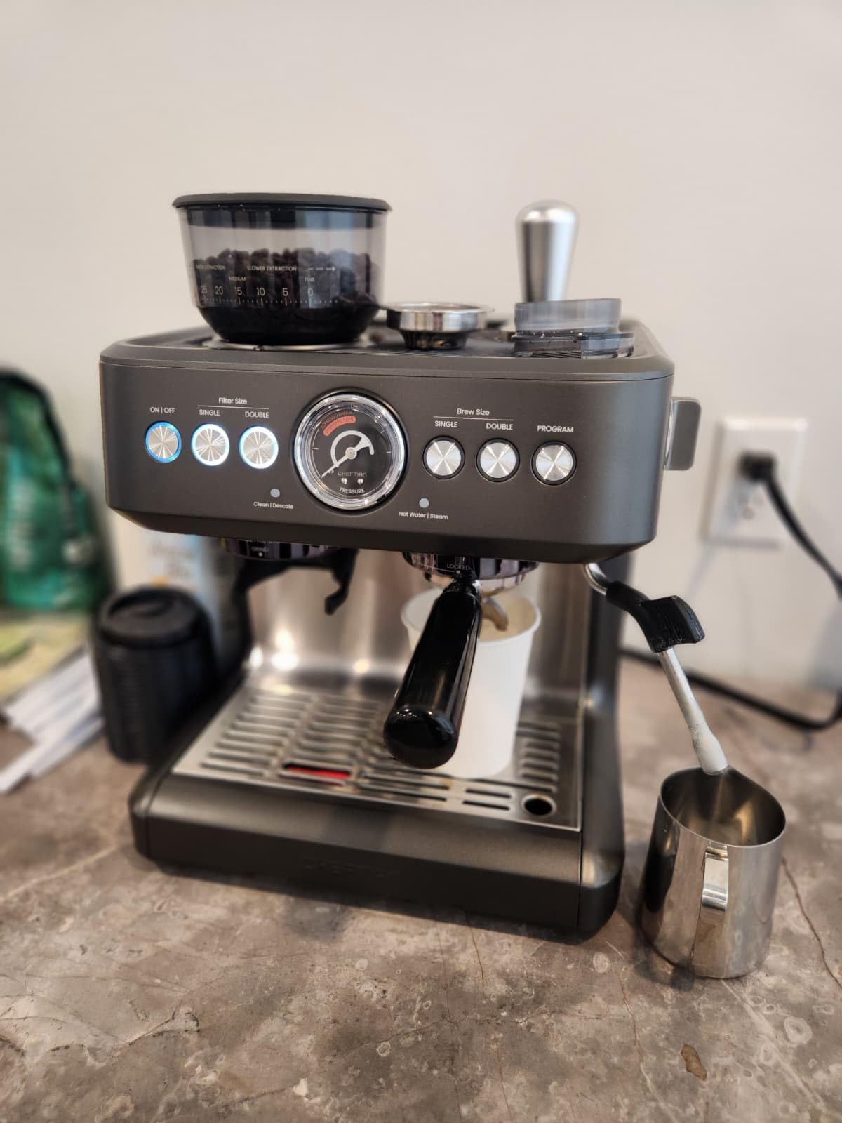 Chefman Crema Deluxe Espresso Machine with Double Boiler, Use Milk Frother and Brew Espresso Simultaneously, Professional Coffee Maker with Coffee Grinder and Steam Wand, 30 Grind Settings customer photo 2