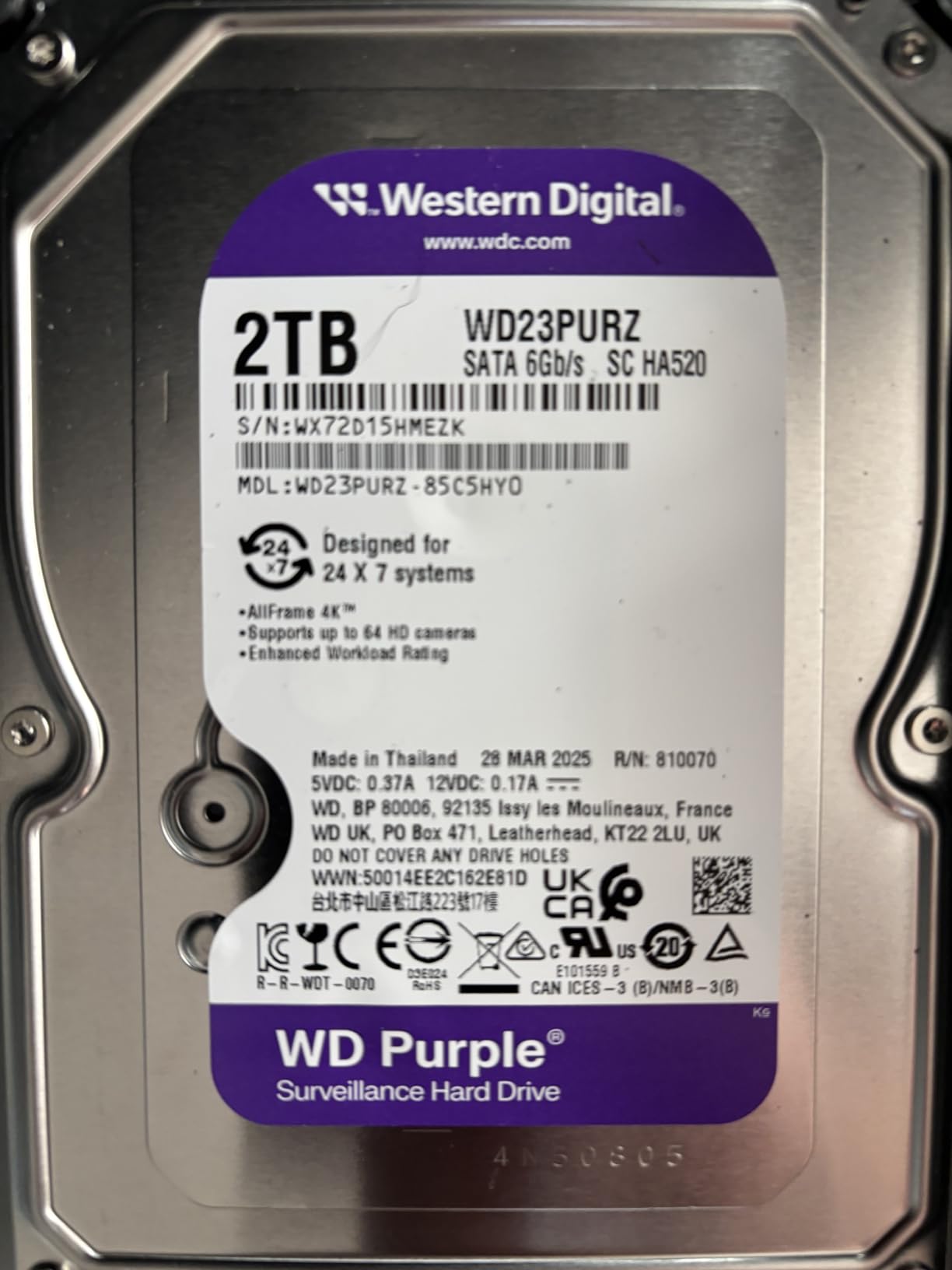 Western Digital 4TB WD Purple Surveillance Internal Hard Drive HDD - SATA 6 Gb/s, 128 MB Cache, 3.5