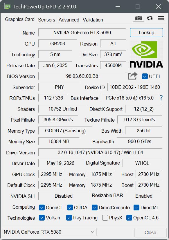 PNY NVIDIA GeForce RTX 5080 Slim Dual-Fan, Dual-Slot OC Graphics Card (16GB GDDR7, SFF-Ready, 256-bit, Boost Speed: 2730 MHz, PCIe 5.0, HDMI/DP 2.1, NVIDIA Blackwell Architecture, DLSS 4.5) customer photo 1