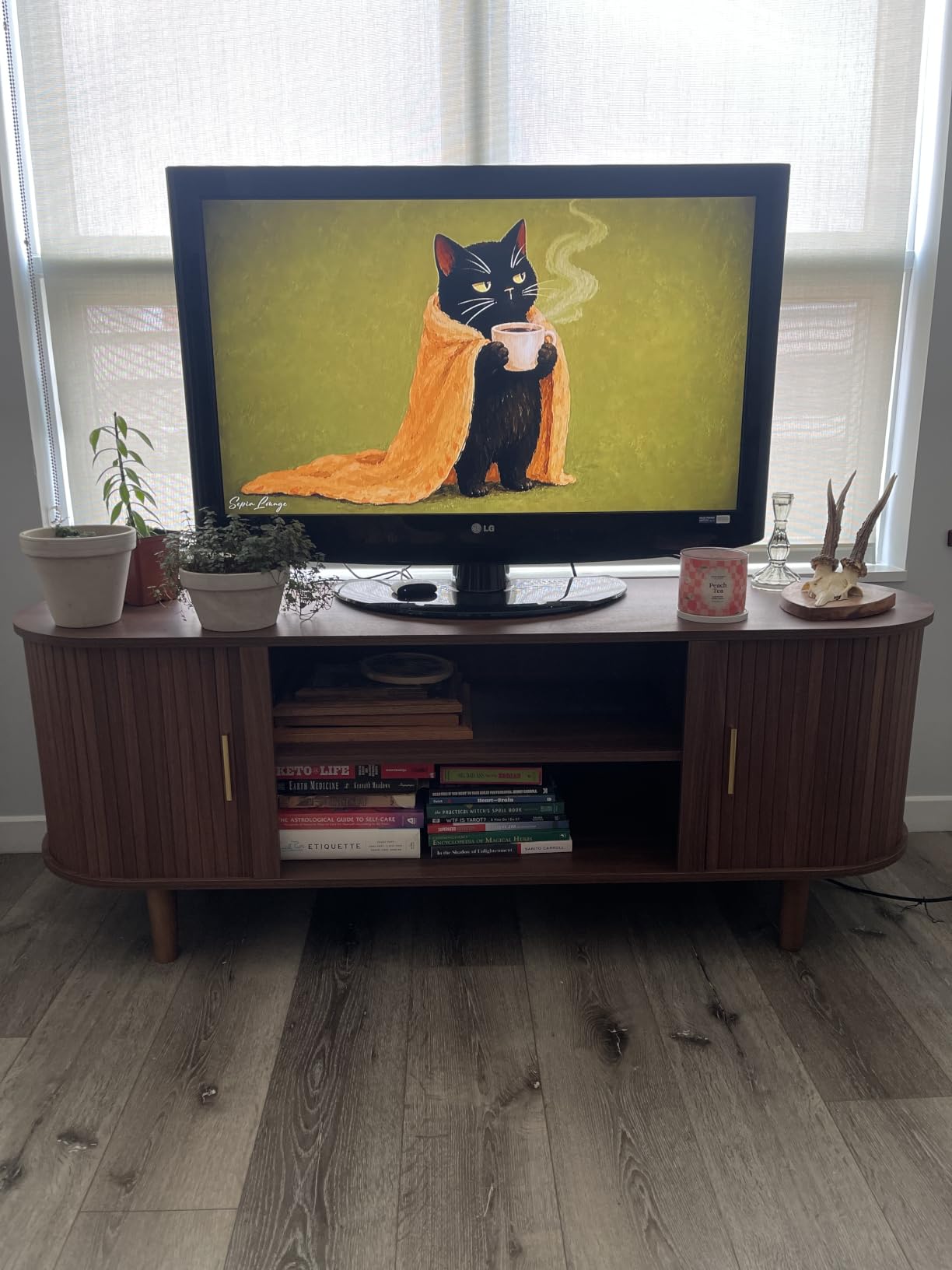VASAGLE TV Stand for 80-Inch TVs, Mid Century Entertainment Center with Storage, Fluted Sliding Doors, Media Console Table for Living Room, Bedroom, Sand Brown ULTV634K201 customer photo 1