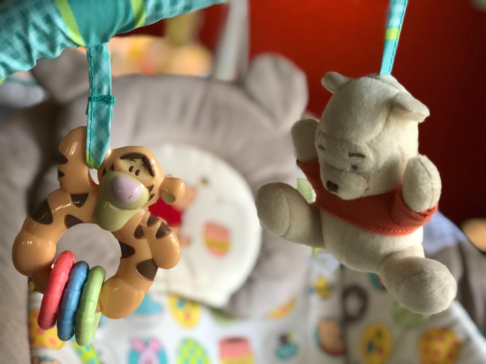 Bright Starts Disney Baby Winnie The Pooh Baby Bouncer Soothing Vibrations Deluxe Infant Seat - Faux Suede, Music, Removable -Toy Bar, 0-6 Months 6-20 lbs (Dots & Hunny Pots) customer photo 2